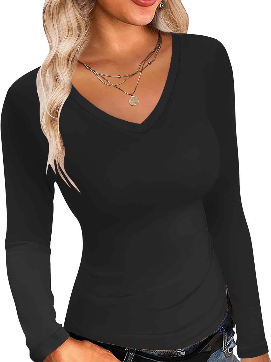 Detalle de Ekouaer Women's V-Neck Long-Sleeve Thermal Shirt, Lightweight Slim-Fit Base Layer
