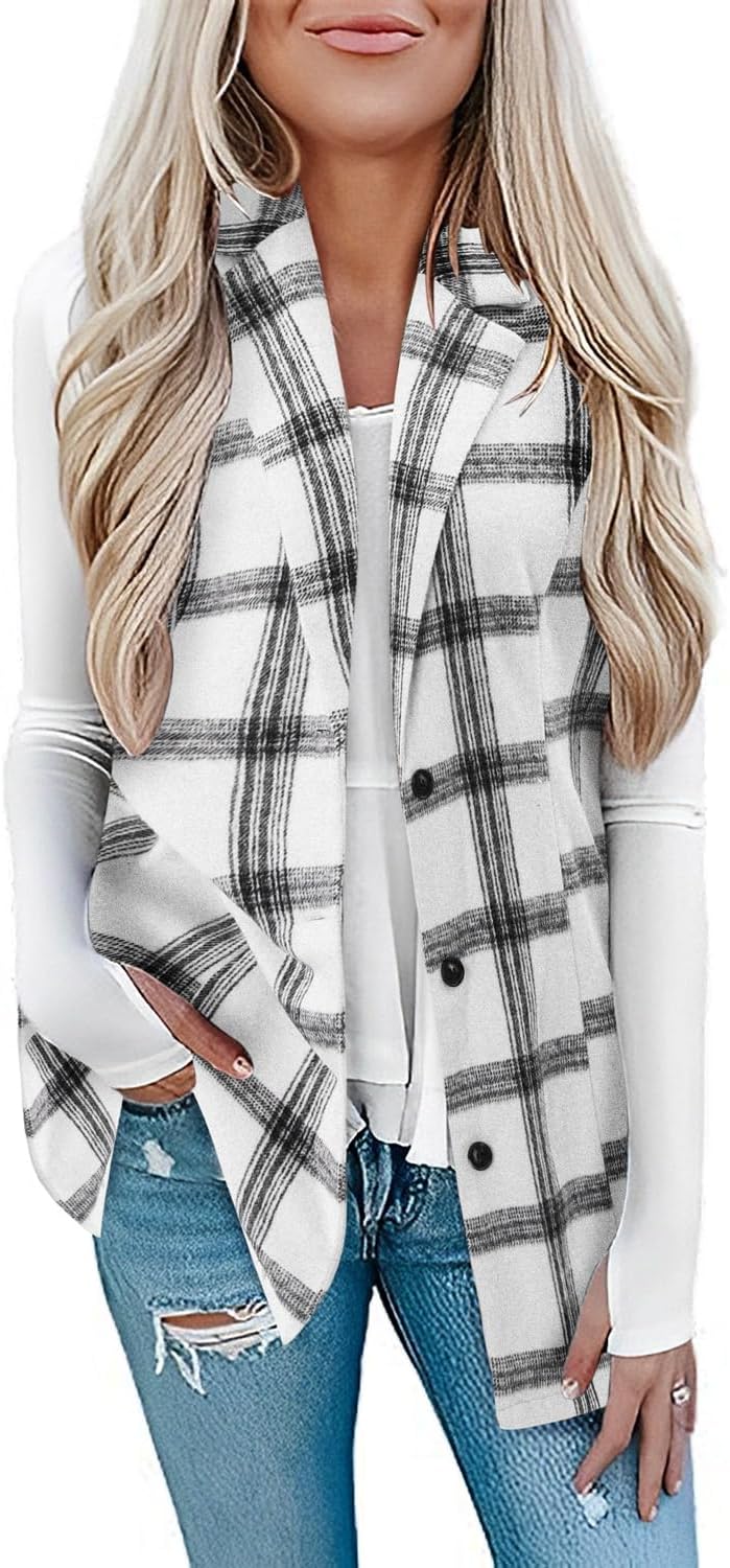 Detalle de BETTE BOUTIK Plaid Flannel Vest for Women, Sleeveless Midi-Length Layer