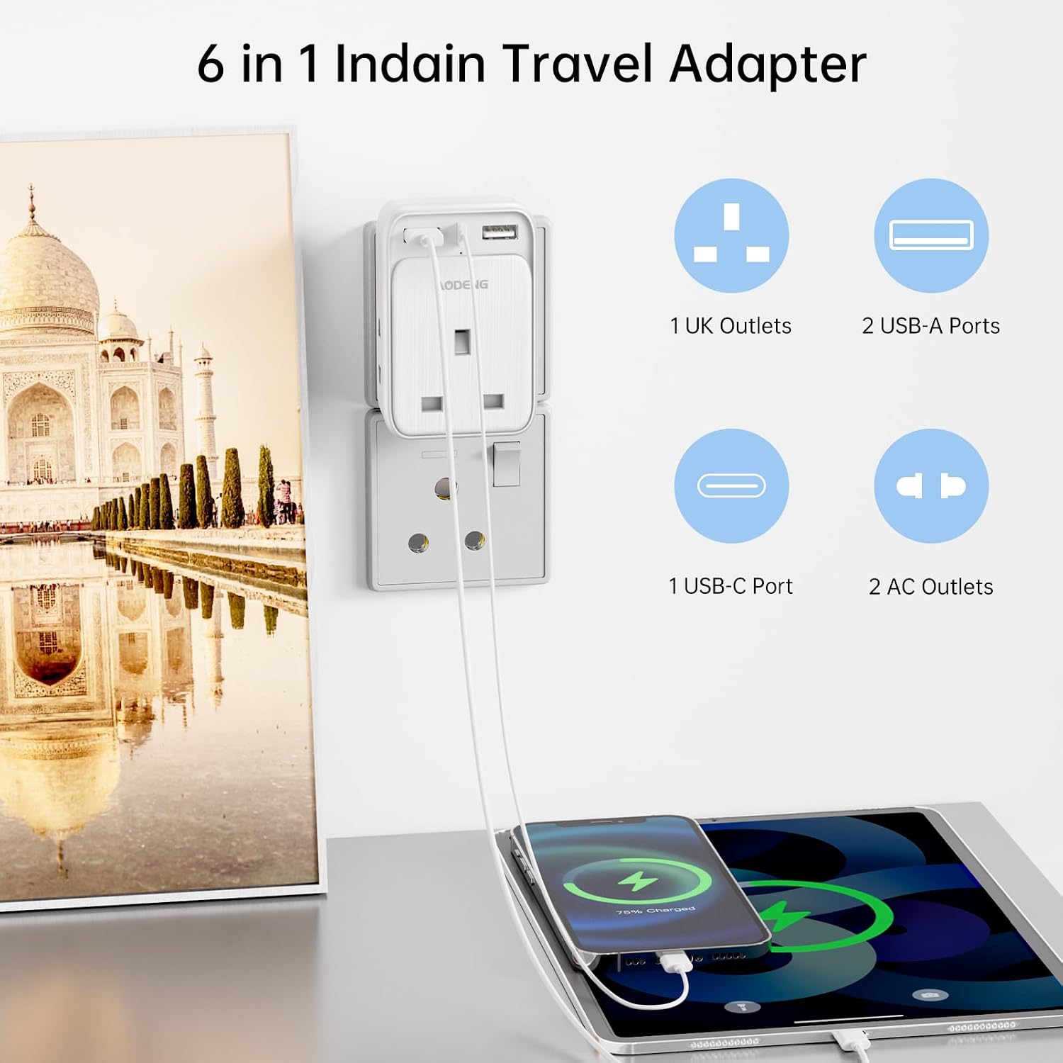 Detalle de AODENG UK to India Plug Adapter with 3 USB Ports (Type D) and Grounded Design