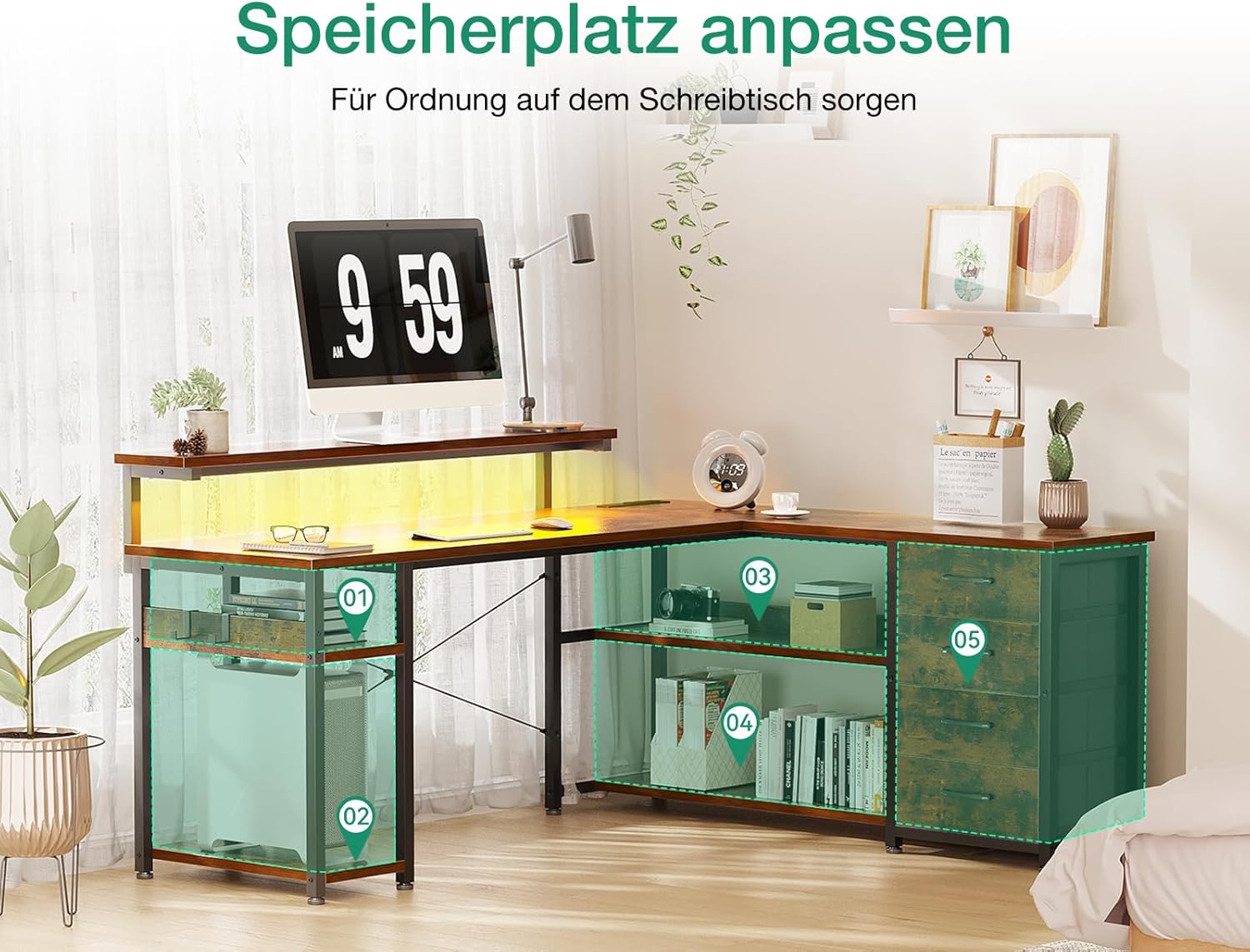Thumbnail 6 de ODK Bureau d'angle réversible avec tiroirs 135x110 cm – Brun vintage, USB, LED et rangement