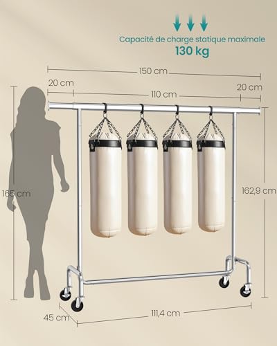 Thumbnail 5 de SONGMICS HSR11S Porte-vêtements avec roulettes – Tringle extensible, 130 kg, acier chromé