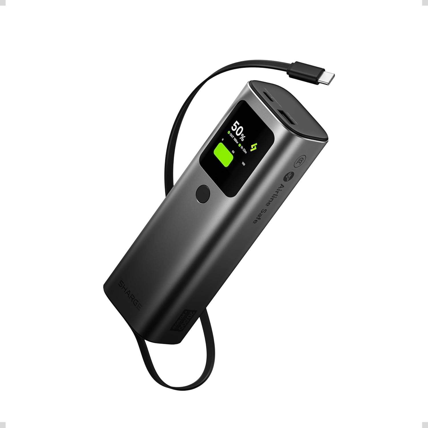 Detalle de Sharge Retractable 165 Power Bank 165W da 20.000 mAh con cavo retrattile e display TFT