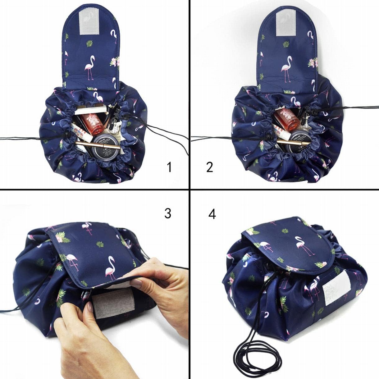 Detalle de Vavabox Lazy Drawstring Makeup Bag (Large Capacity) – Waterproof Navy Flamingo Travel Cosmetic Pouch