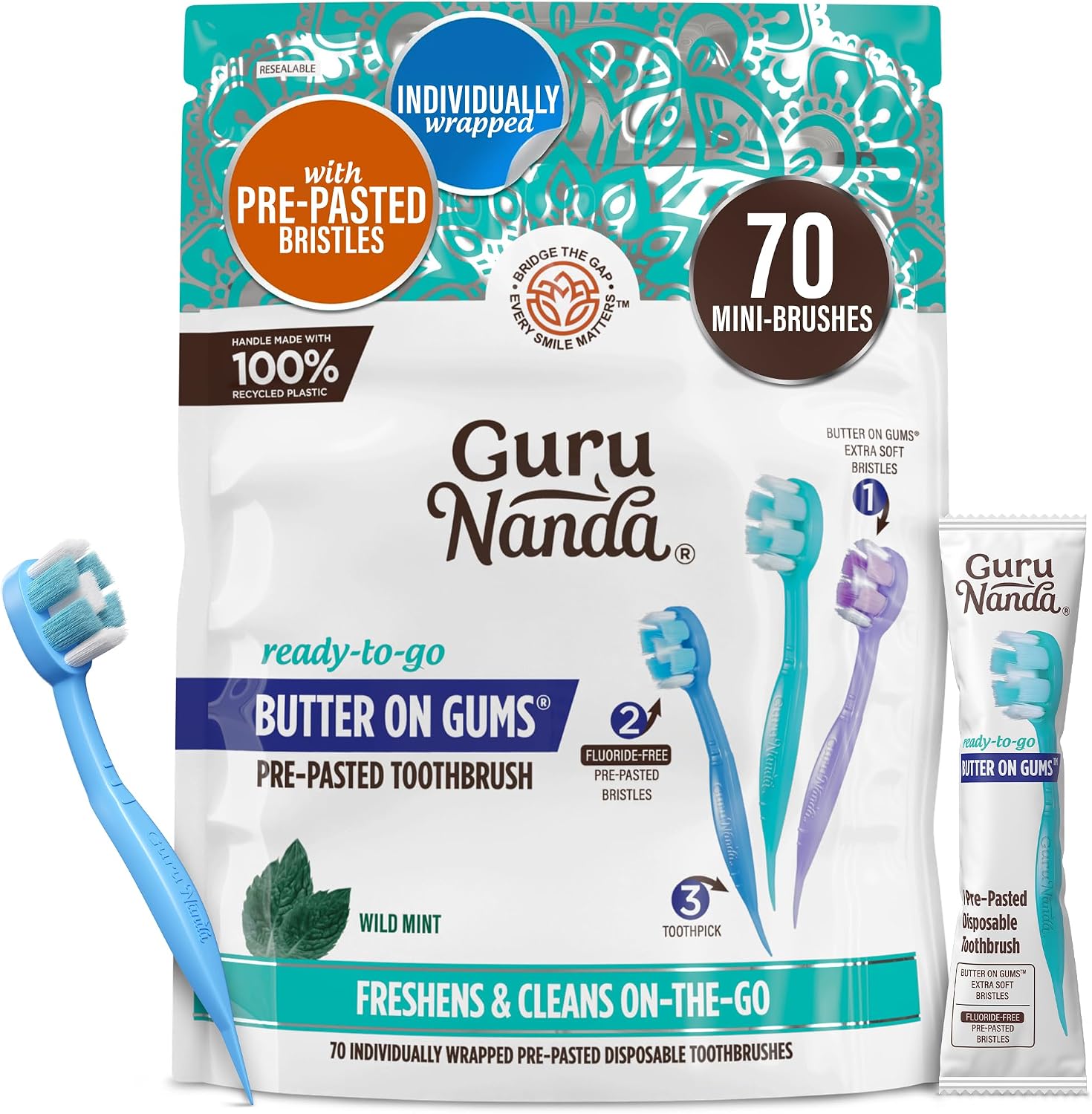 Detalle de GuruNanda Ready-to-Go Disposable Mini Travel Toothbrushes 70 ct 🪥