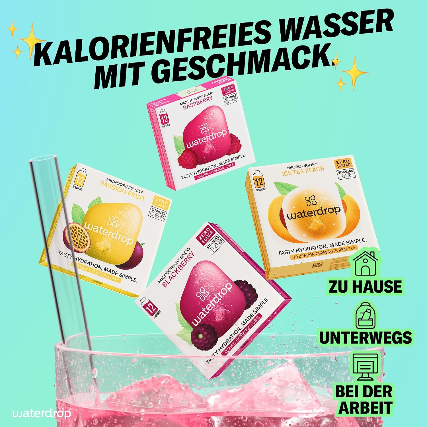 Detalle de waterdrop® Beeren & Früchte Set – 48 zuckerfreie Waterdrop Würfel aus fruchtigen & pflanzlichen Aromen