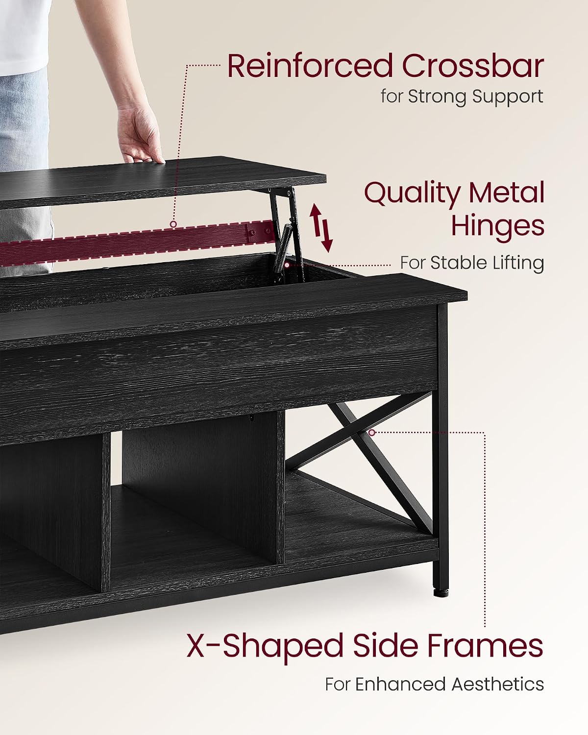 Detalle 2 de VASAGLE LCT205B22 Lift-Top Coffee Table, 3 Open Compartments, Charcoal Grey