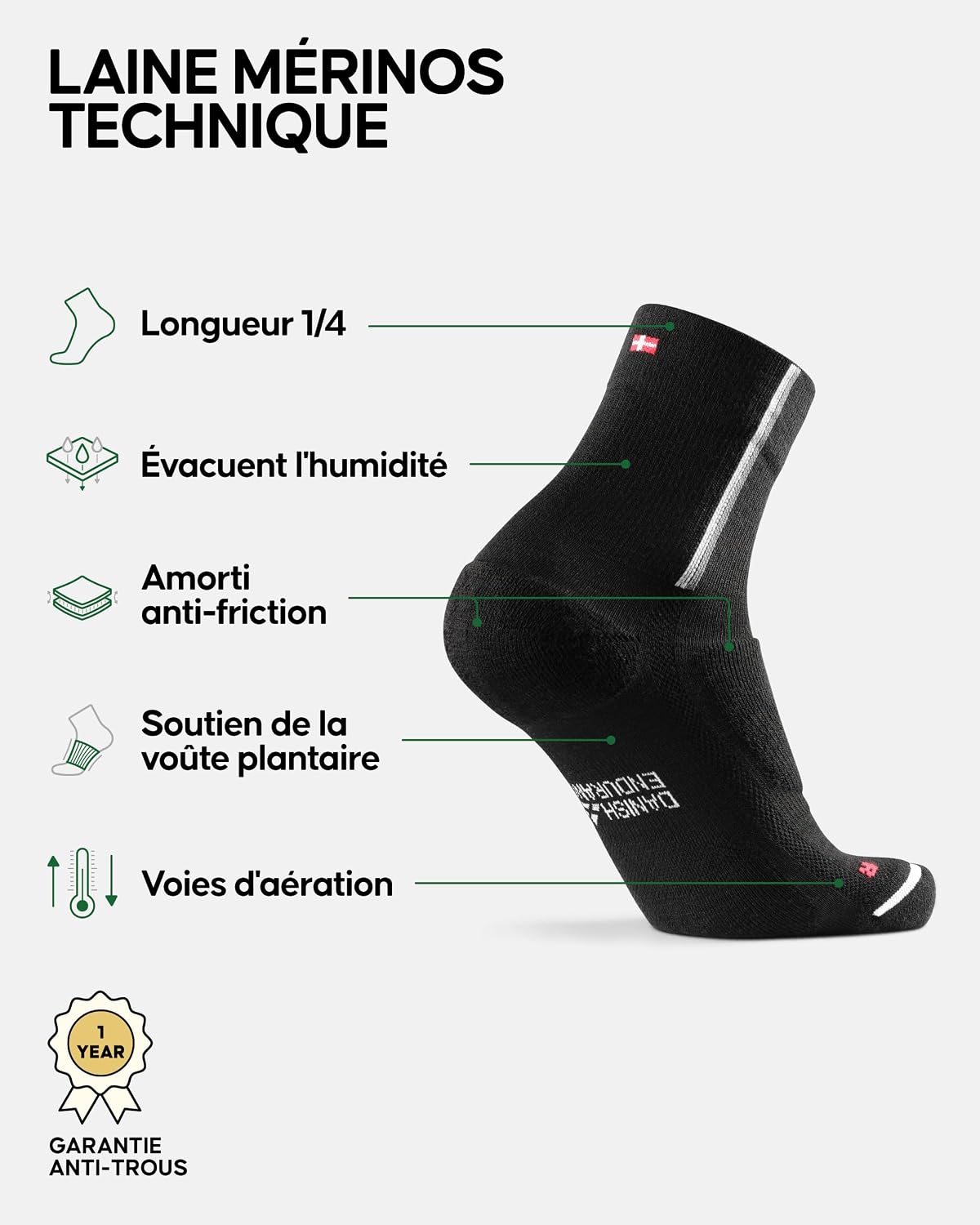 Detalle 2 de DANISH ENDURANCE Chaussettes de cyclisme en laine mérinos thermiques (lot de 2) pour homme et femme