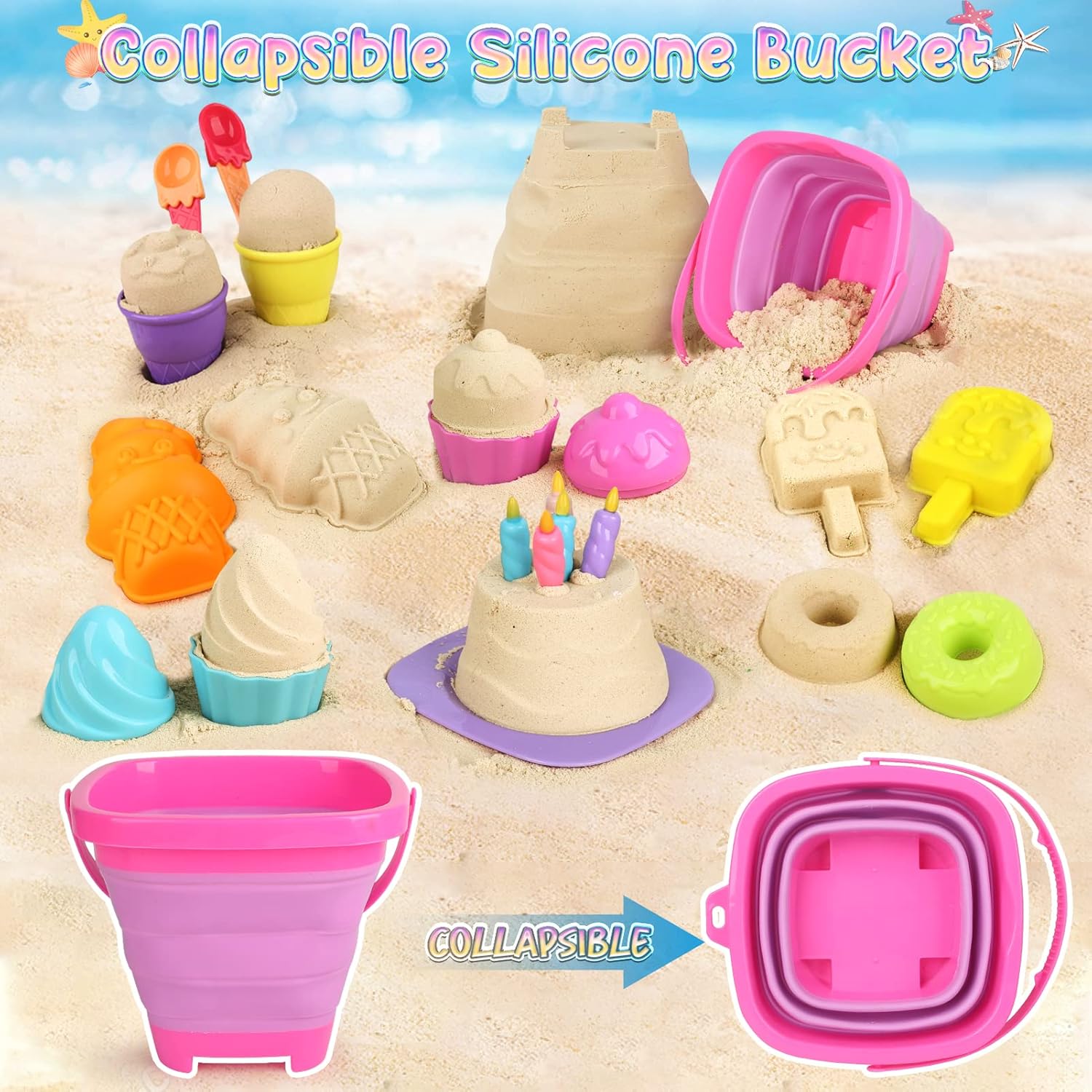 Thumbnail 3 de Joyreal 46-piece Ice Cream Beach Toys set with collapsible bucket, spade and sand pit tools