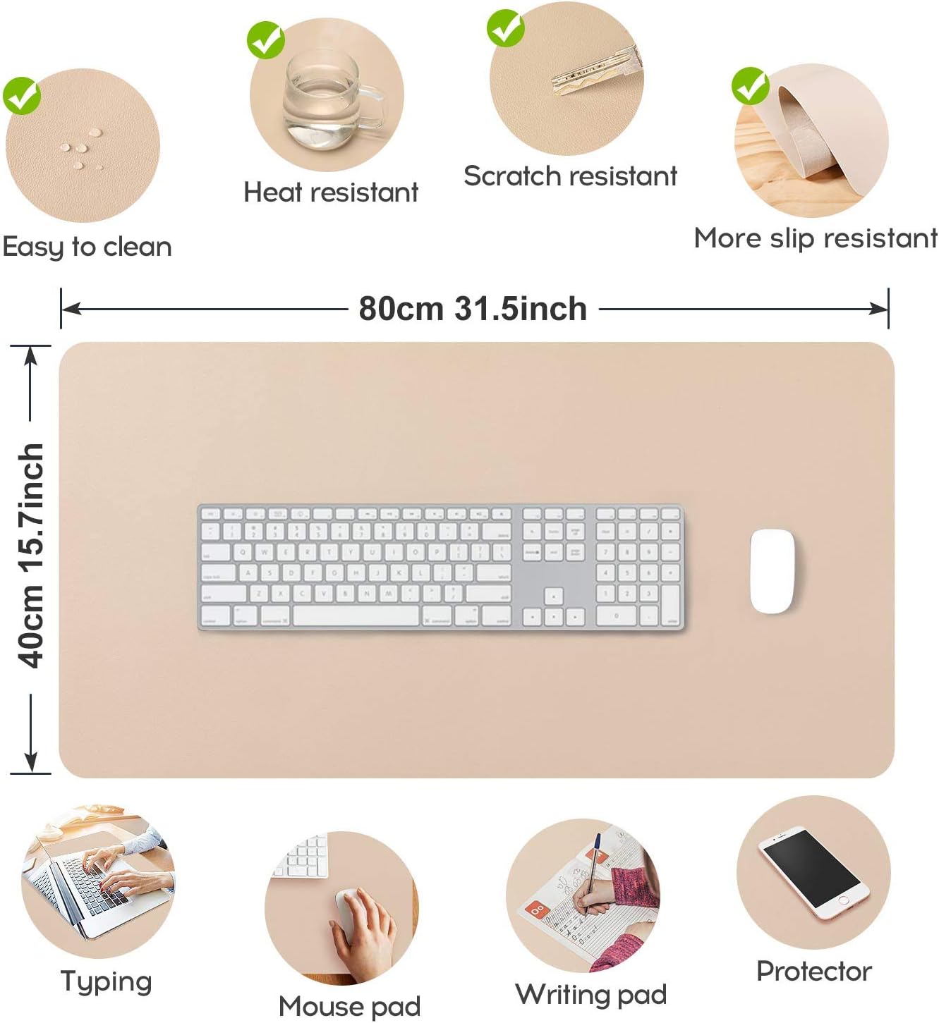 Detalle de DOBAOJIA XXL-Mauspad für Schreibtisch: 80 x 40 cm mit PU-Leder, wasserfest & rutschfester Wildleder-Optik (Beige)