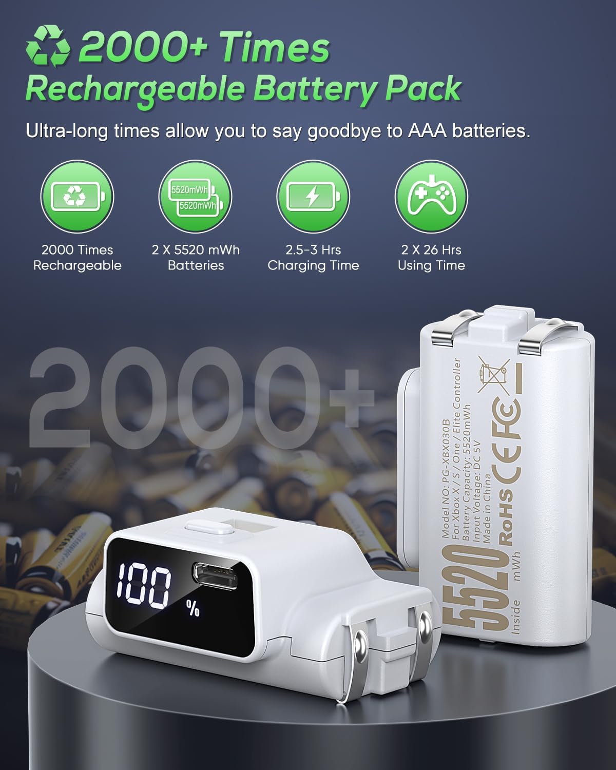 Thumbnail 4 de [LED Display] YUANHOT Rechargeable Battery Pack for Xbox Controllers – 2 Pack, 5520mWh, Fast Charging
