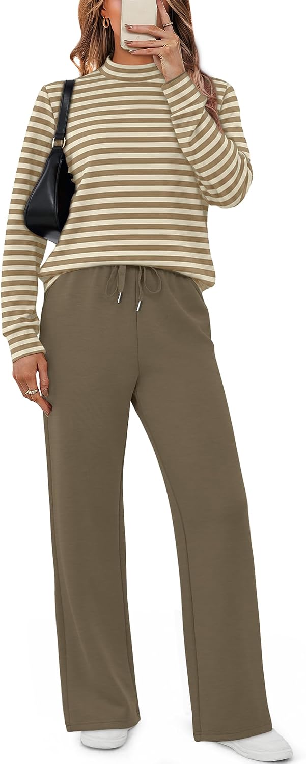 Detalle de Sampeel Women's Two-Piece Set with Mock-Neck Top and Wide-Leg Pants