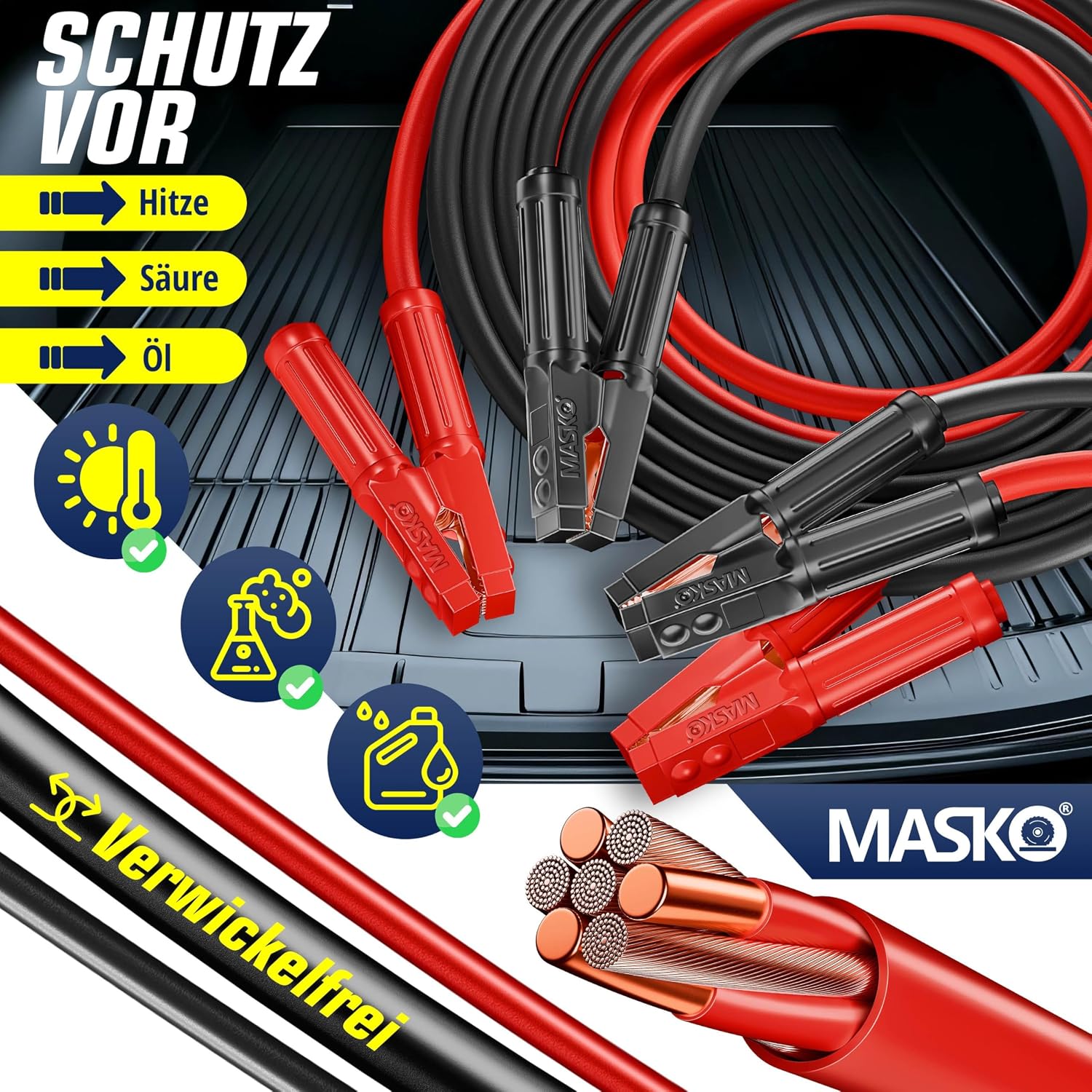 Detalle de MASKO® Starthilfekabel Überbrückungskabel für Benzin- und Dieselmotoren 12/24 Volt – Starterkabel mit 4 vollisolierten Polzangen