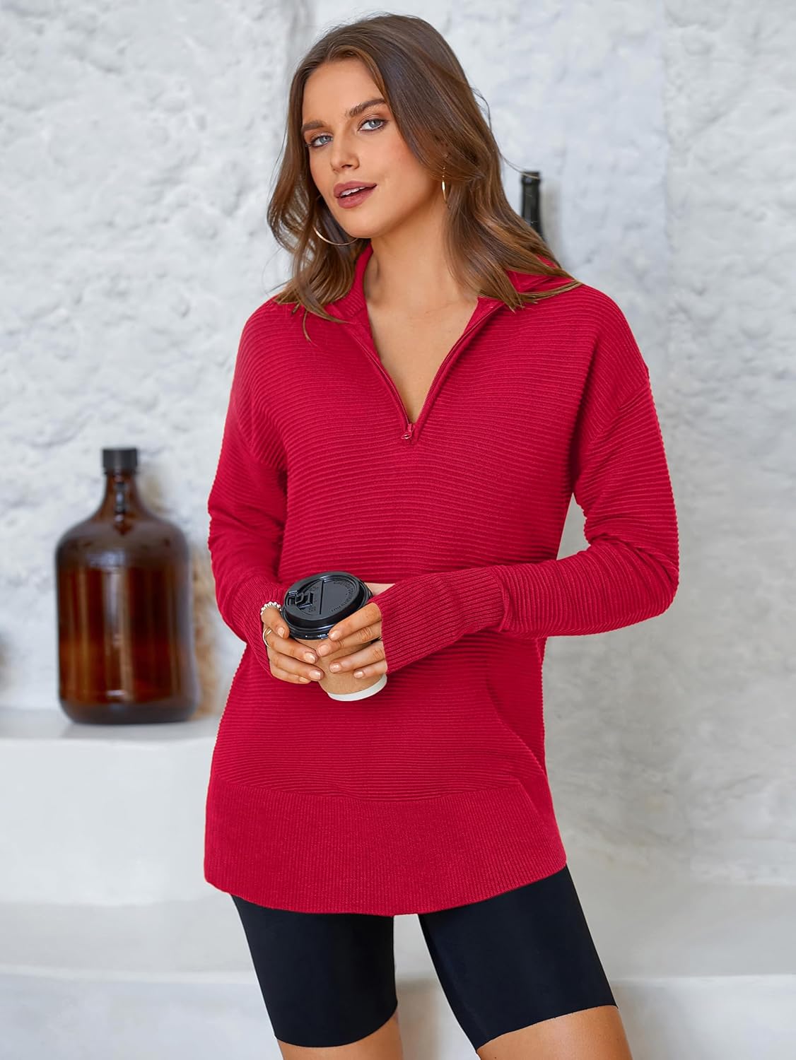 Thumbnail 4 de PRETTYGARDEN V‑neck ribbed thumbhole sweater for women