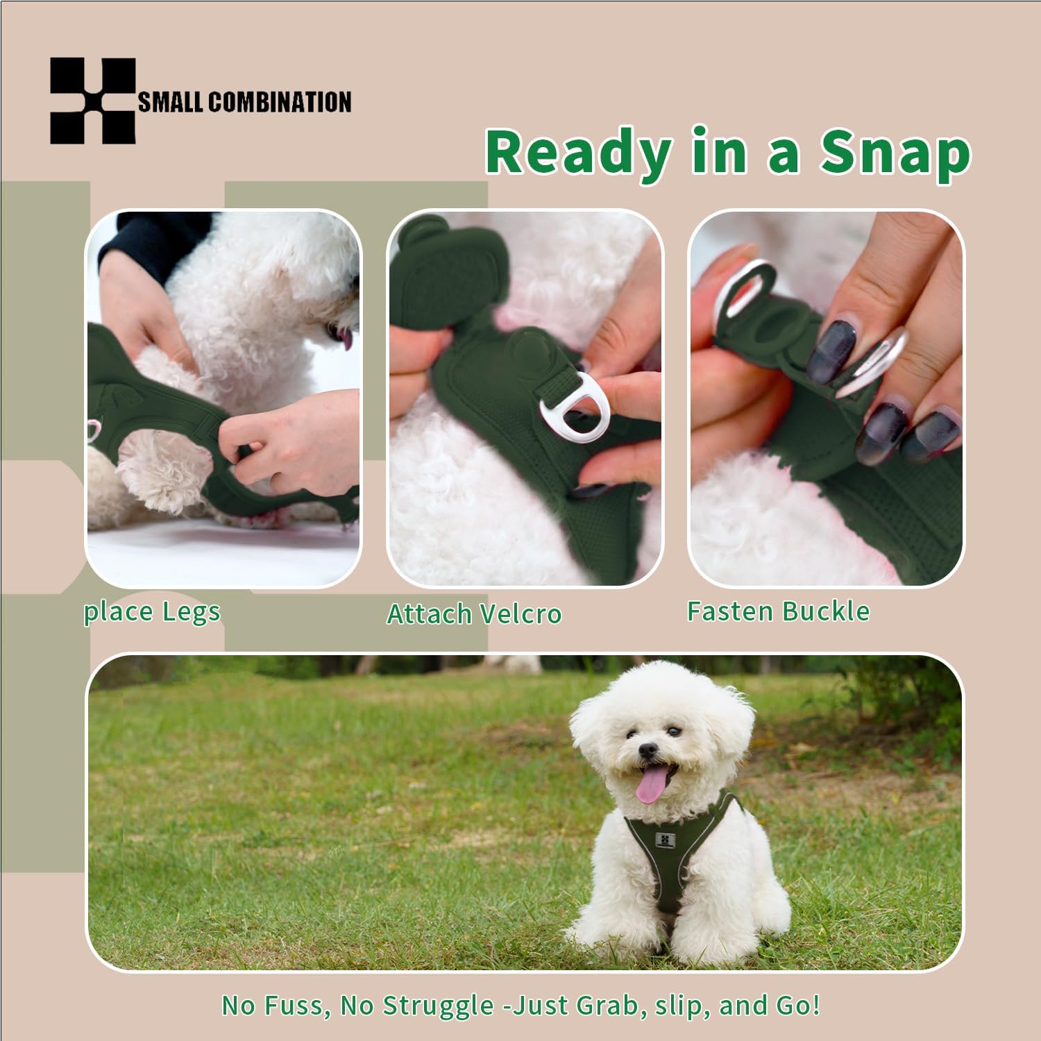 Thumbnail 5 de Small Combination Small Combination dog harness & leash set (Army Green) – Adjustable reflective step-in for small/medium pets, size XXS