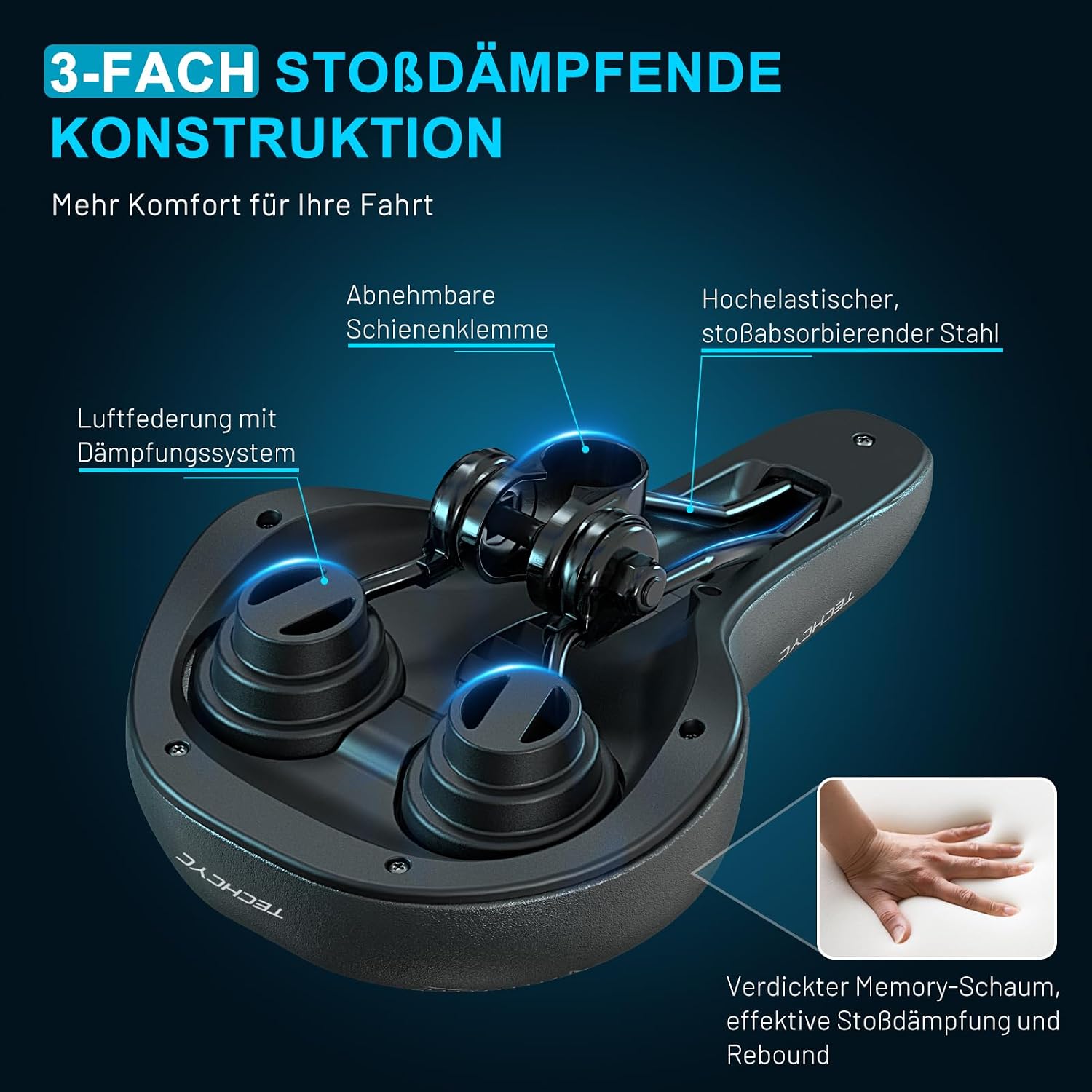 Detalle de TECHCYC Fahrradsattel mit Memory-Schaum und Luftfederung – ergonomischer Sattel für Herren & Damen, wählbar in 3 Ausführungen