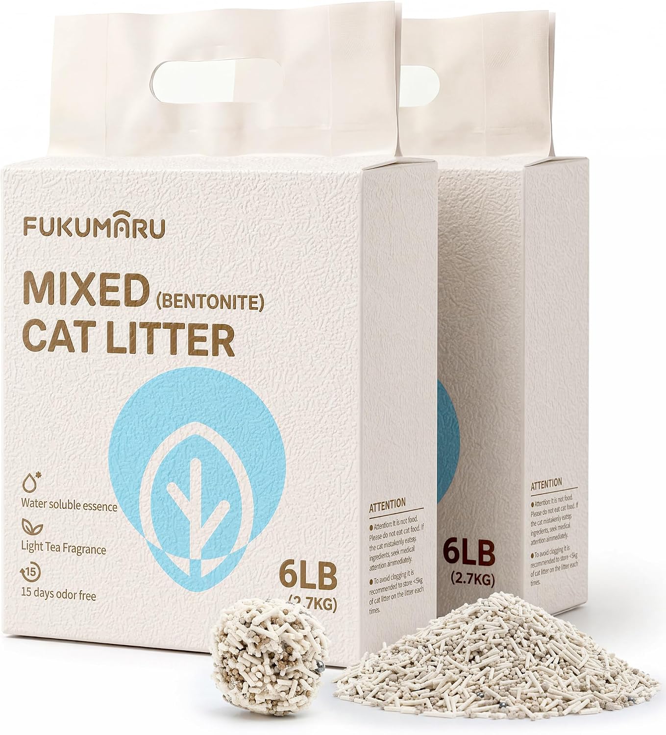 Litière agglomérante FUKUMARU en tofu mélangé (bentonite + charbon), parfum thé blanc – 5,4 kg