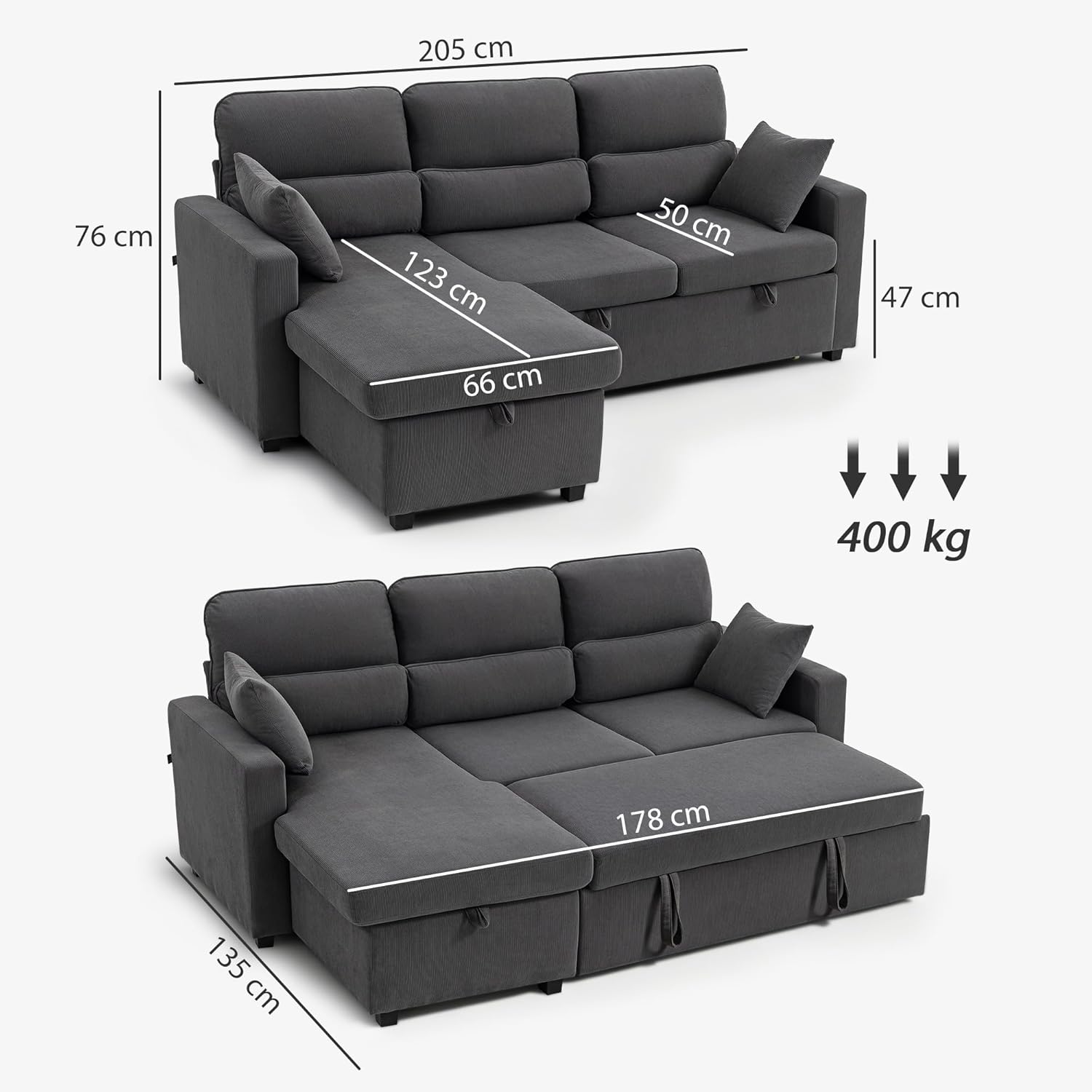 Detalle de HOMCOM Canapé d'angle Convertible Réversible en Velours Côtelé – Canapé-Lit 3 Places 205 cm avec Chaise Longue et Rangement, Gris