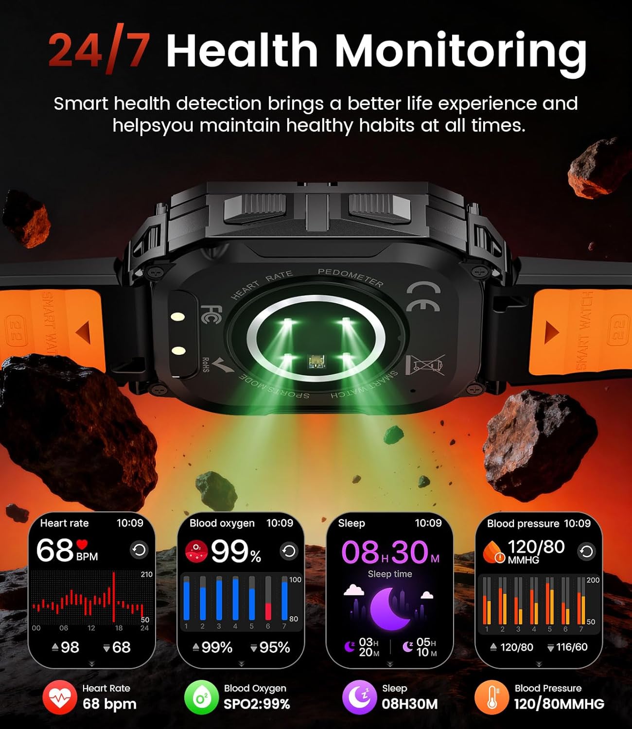 Thumbnail 4 de Montre connectée homme militaire TX13 2,01" HD — appels Bluetooth, IP68, batterie 900 mAh et 100+ modes sportifs (noir-orange)