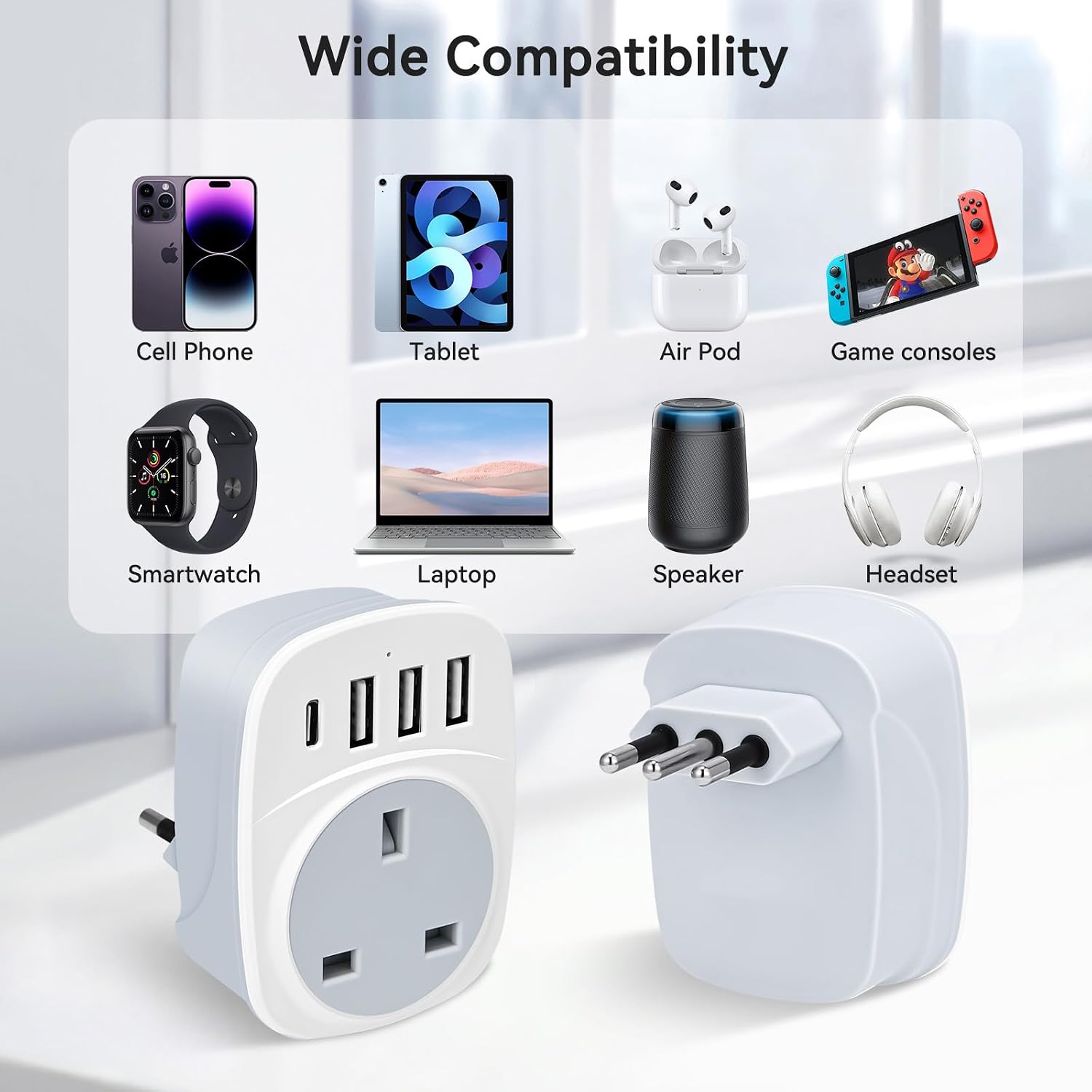 Detalle de SHUOMAO UK to Italy Travel Adapter with 4 USB Ports (Type L) – 17W USB-C Charger
