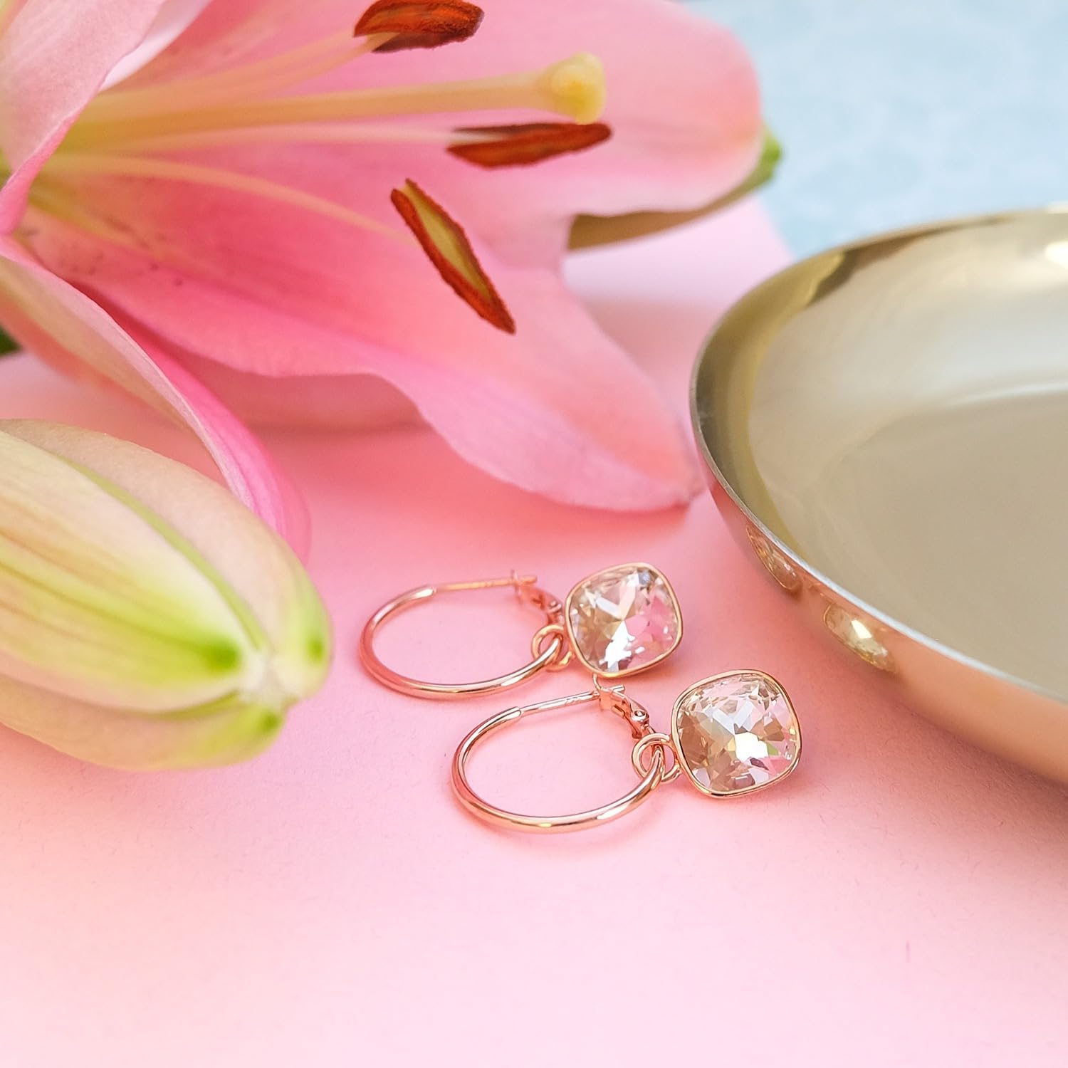 Detalle de Rosegold Creolen mit Anhänger – 925 Sterling Silber, Rosegold-Auflage & Marken Kristalle