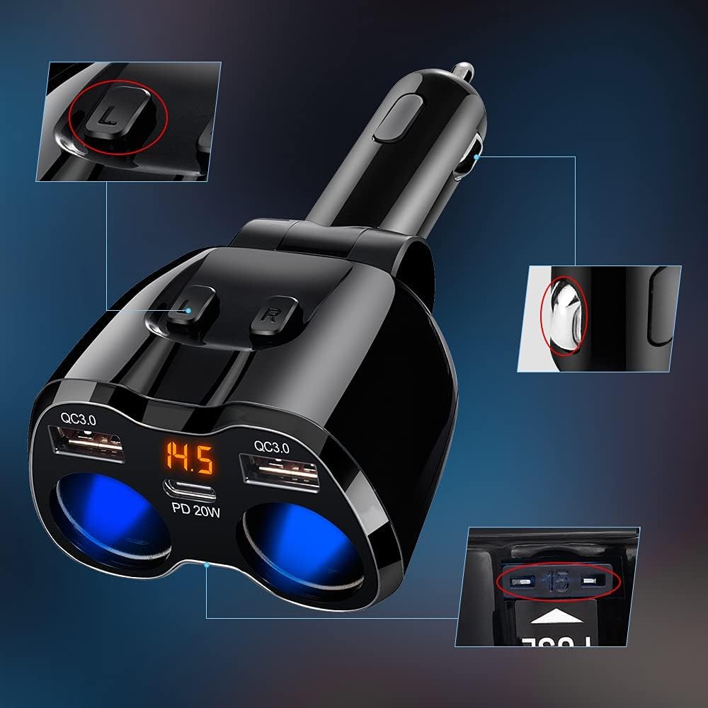 Thumbnail 6 de USB Car Charger Adapter Cigarette Lighter Splitter with QC3.0 + 20W USB-C PD and LED voltage display