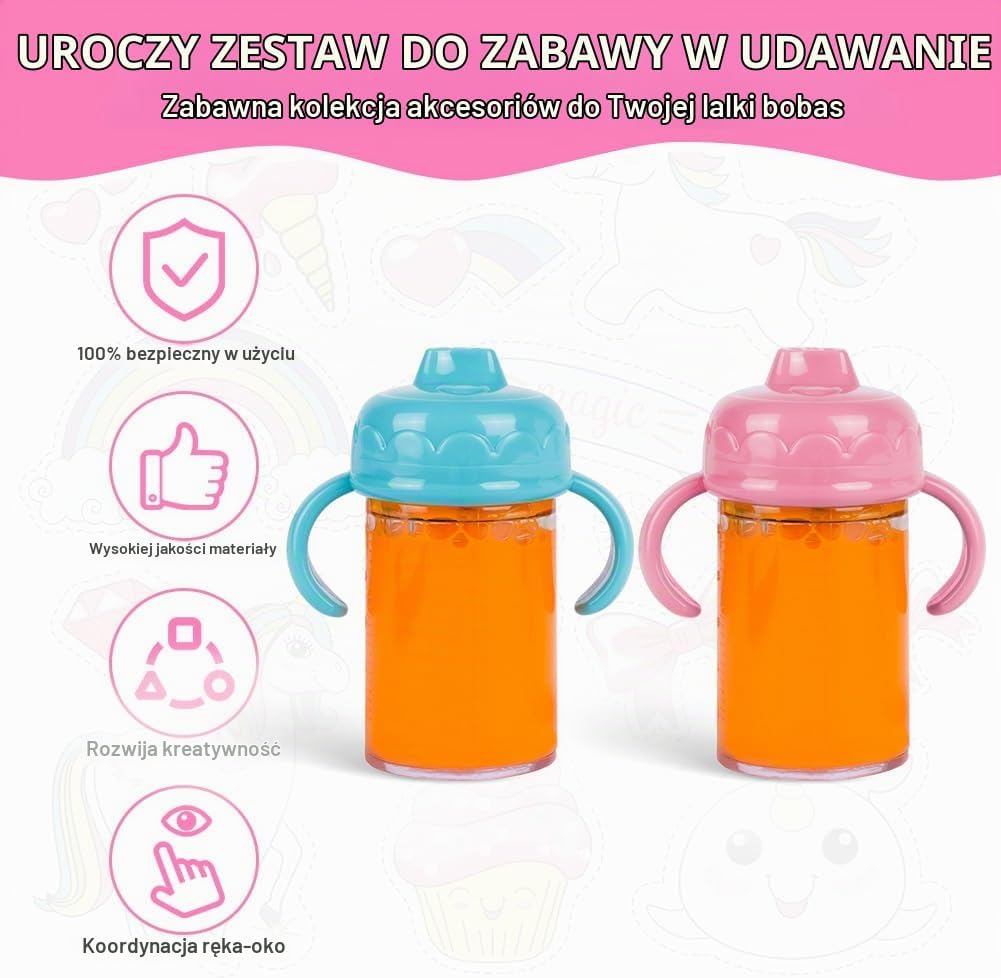 Detalle de Aolso Magic Baby – magiczne butelki dla lalek, zestaw 2 szt., różowo-niebieskie