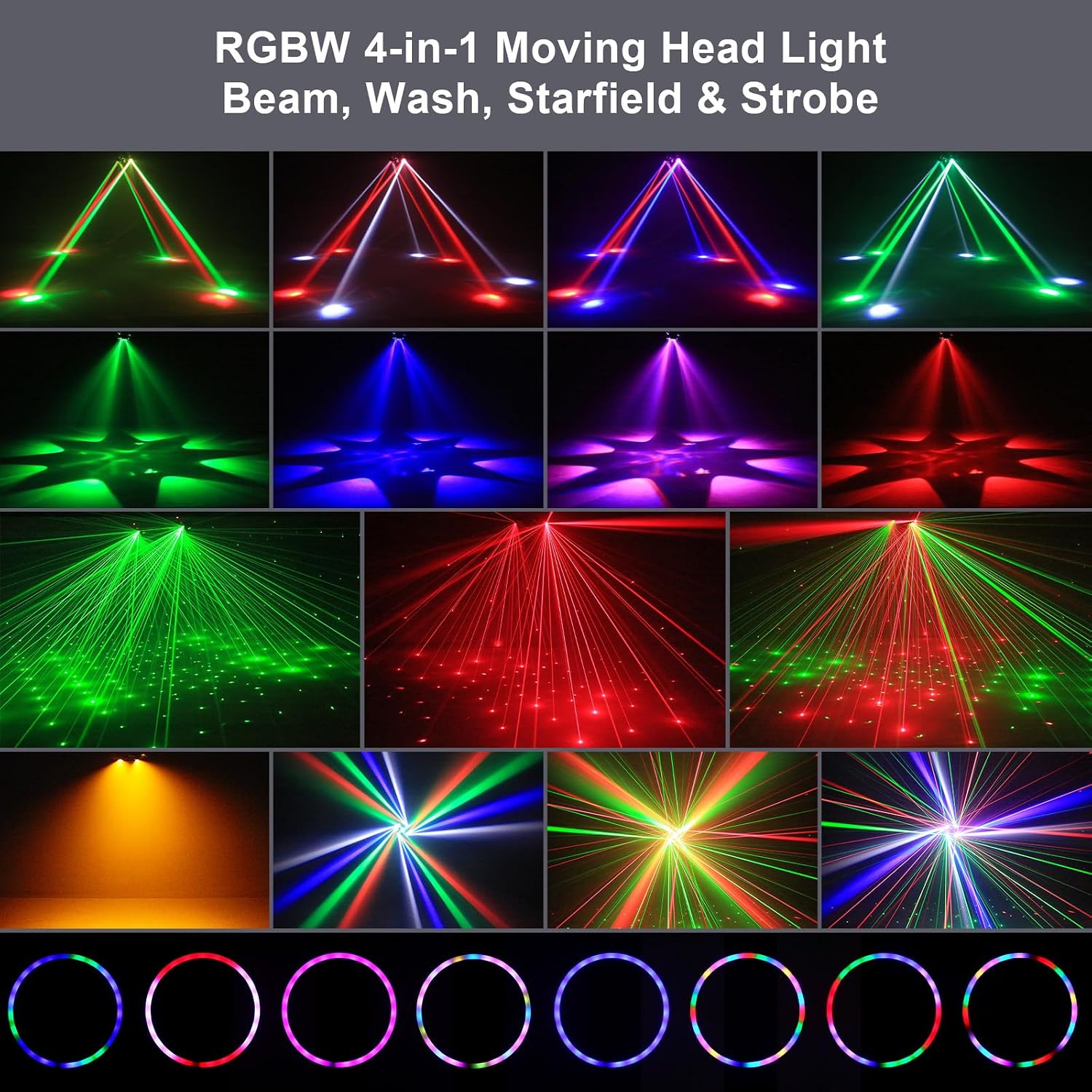 Detalle de 150W Moving Head Bühnenlicht Strahl (RGBW, 4 Lampenarm) mit Fernbedienung – Gold Strobe Partylicht für DJ, Disco & Events