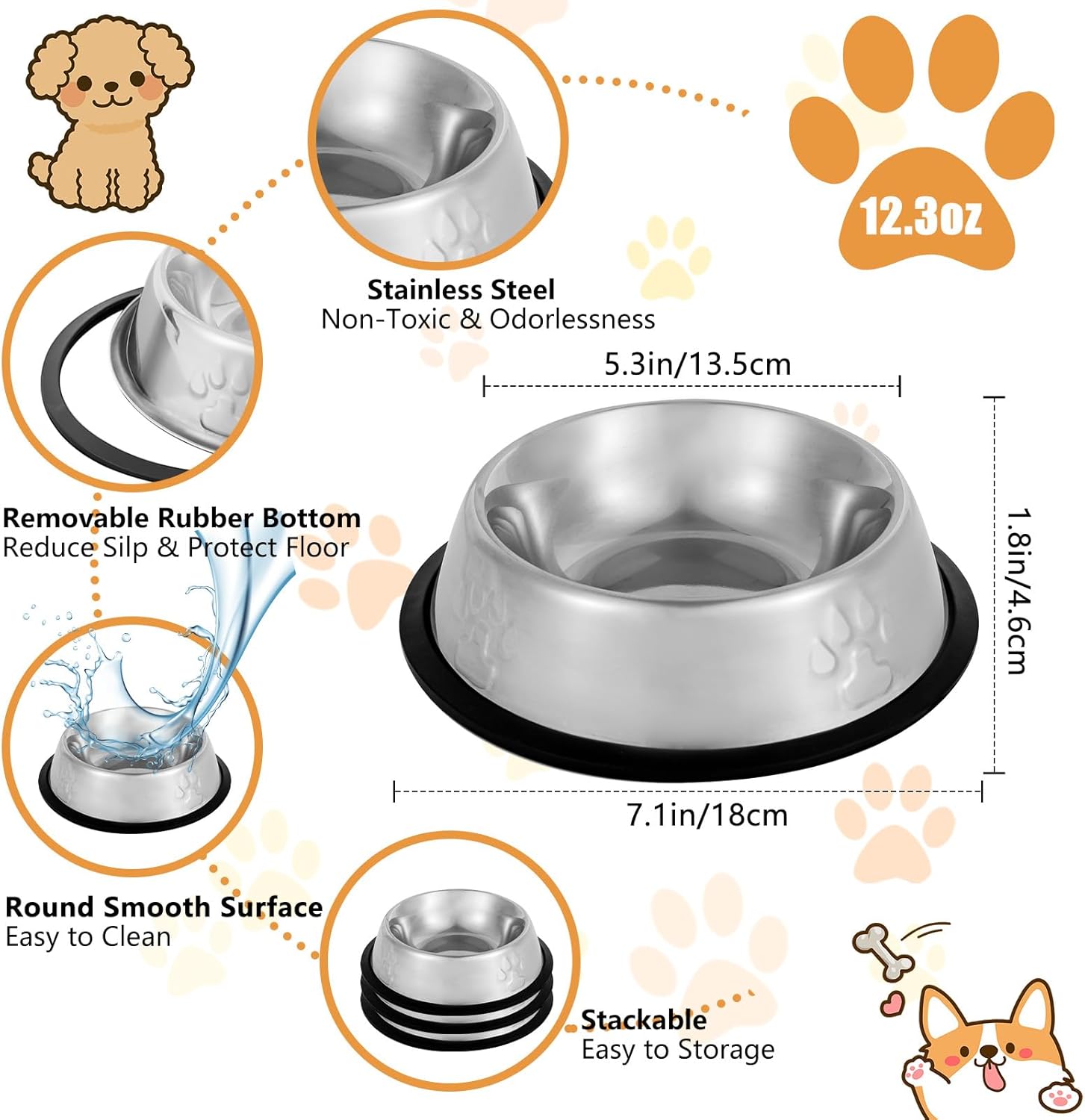 Detalle 2 de Stainless Steel Cat Bowls 3-Pack with Rubber Base (Metal Food & Water Dishes)