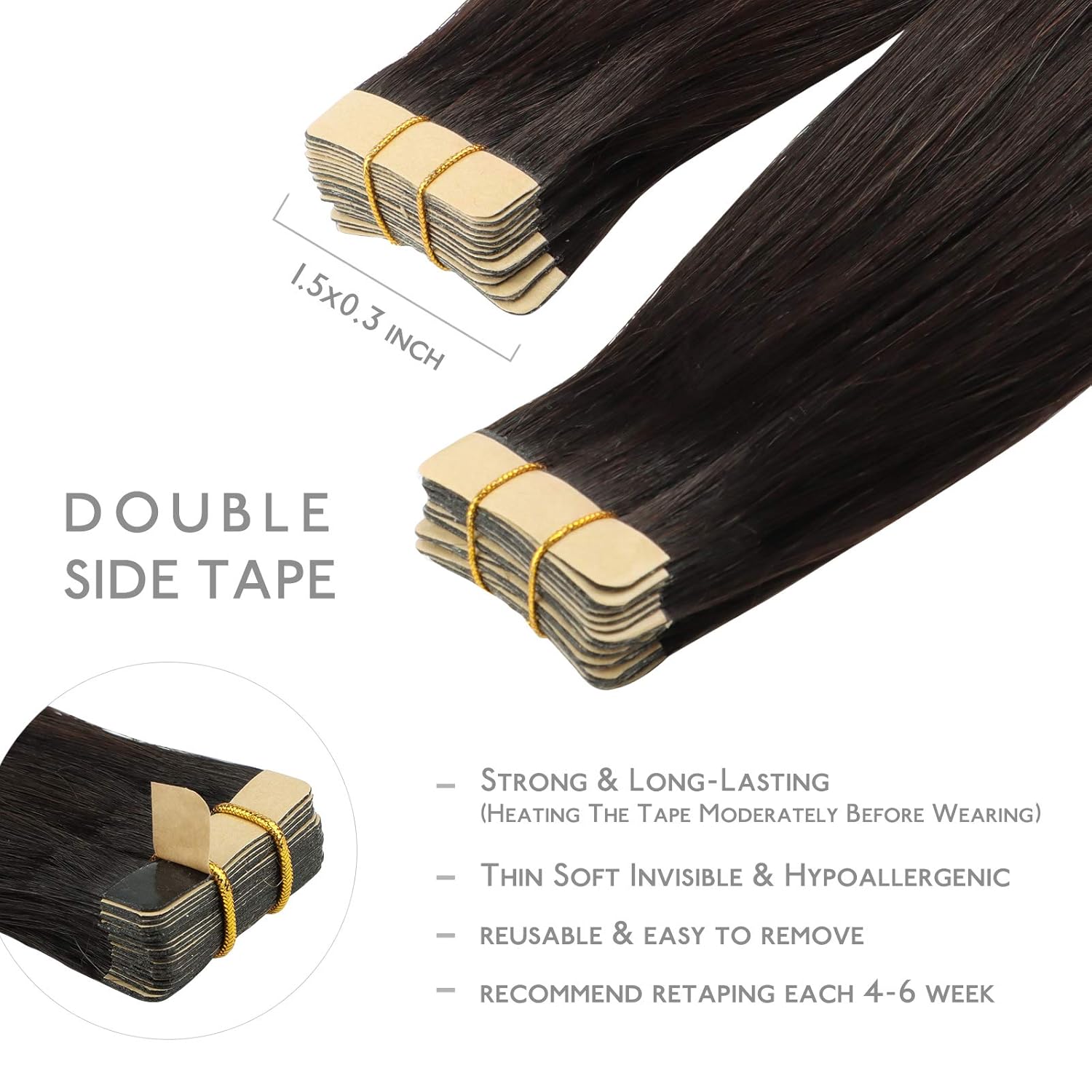 Thumbnail 2 de WENNALIFE Tape-in Hair Extensions: Remy Human Hair, Dark Brown, 14-inch, 20pcs