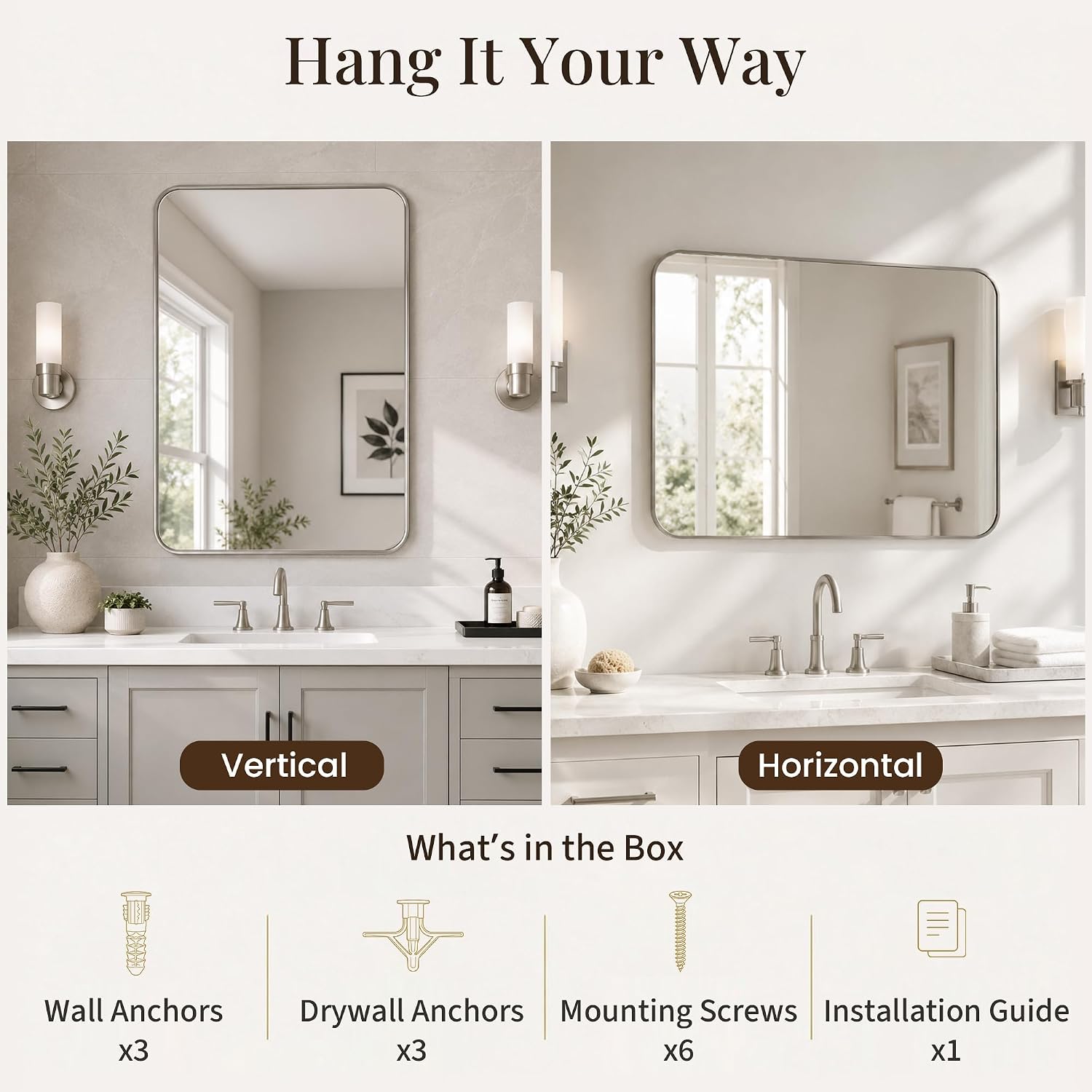 Detalle 2 de Pocetry 24x36 Inch Brushed Nickel Rounded Rectangle Vanity Mirrors (2-Pack) with Slim Aluminum Frame
