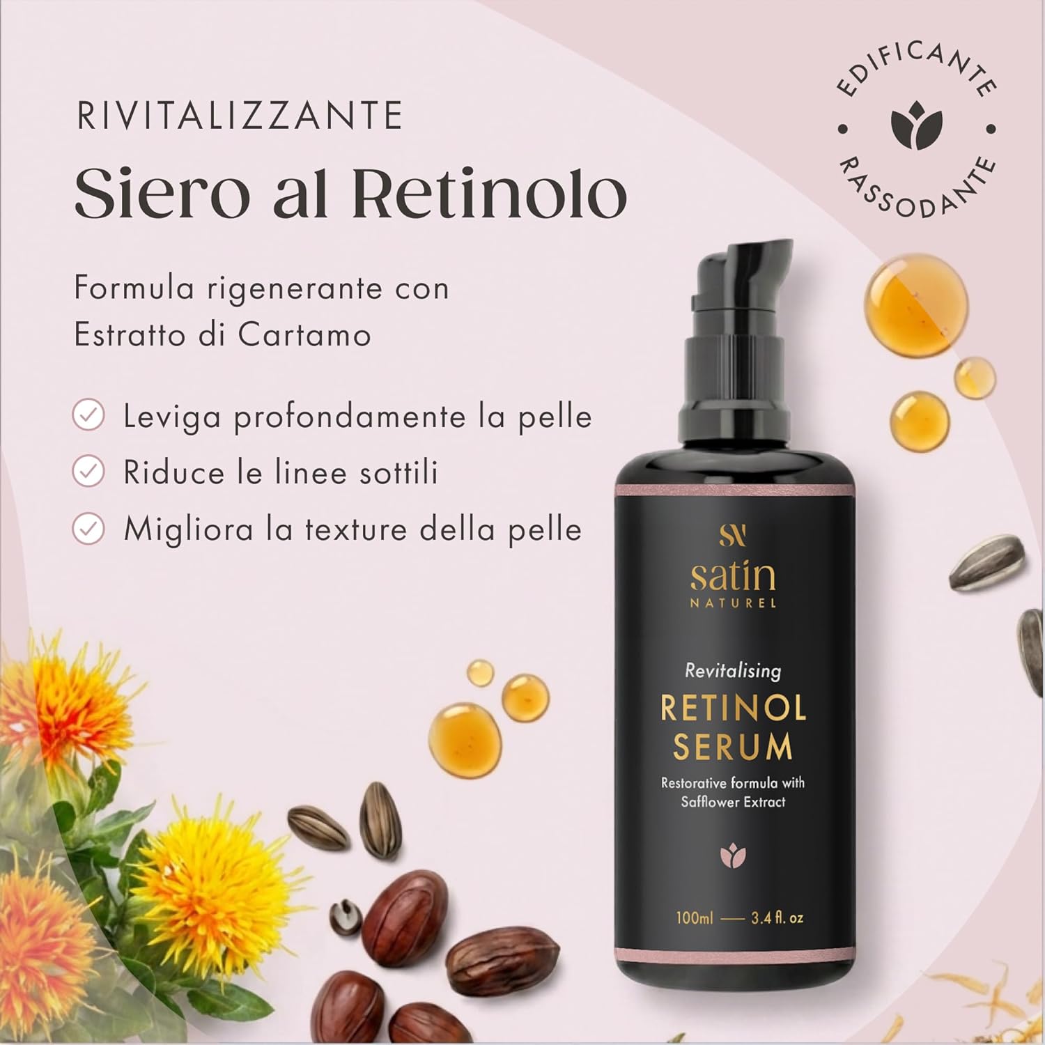 Detalle de Satin Naturel Siero al Retinolo 100 ml – Siero viso anti-age con Retinolo, acido ialuronico, Niacinamide e Aloe Vera Bio