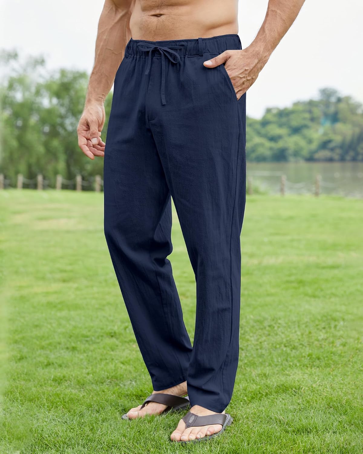 Detalle 2 de NANAMEEI Pantalon lin homme été – pantalon de plage casual, élastique avec cordon