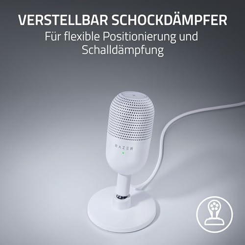 Detalle de Razer Seiren V3 Mini – Ultrakompaktes USB-Mikrofon in Weiß mit Tap-to-Mute und Stoßdämpfer