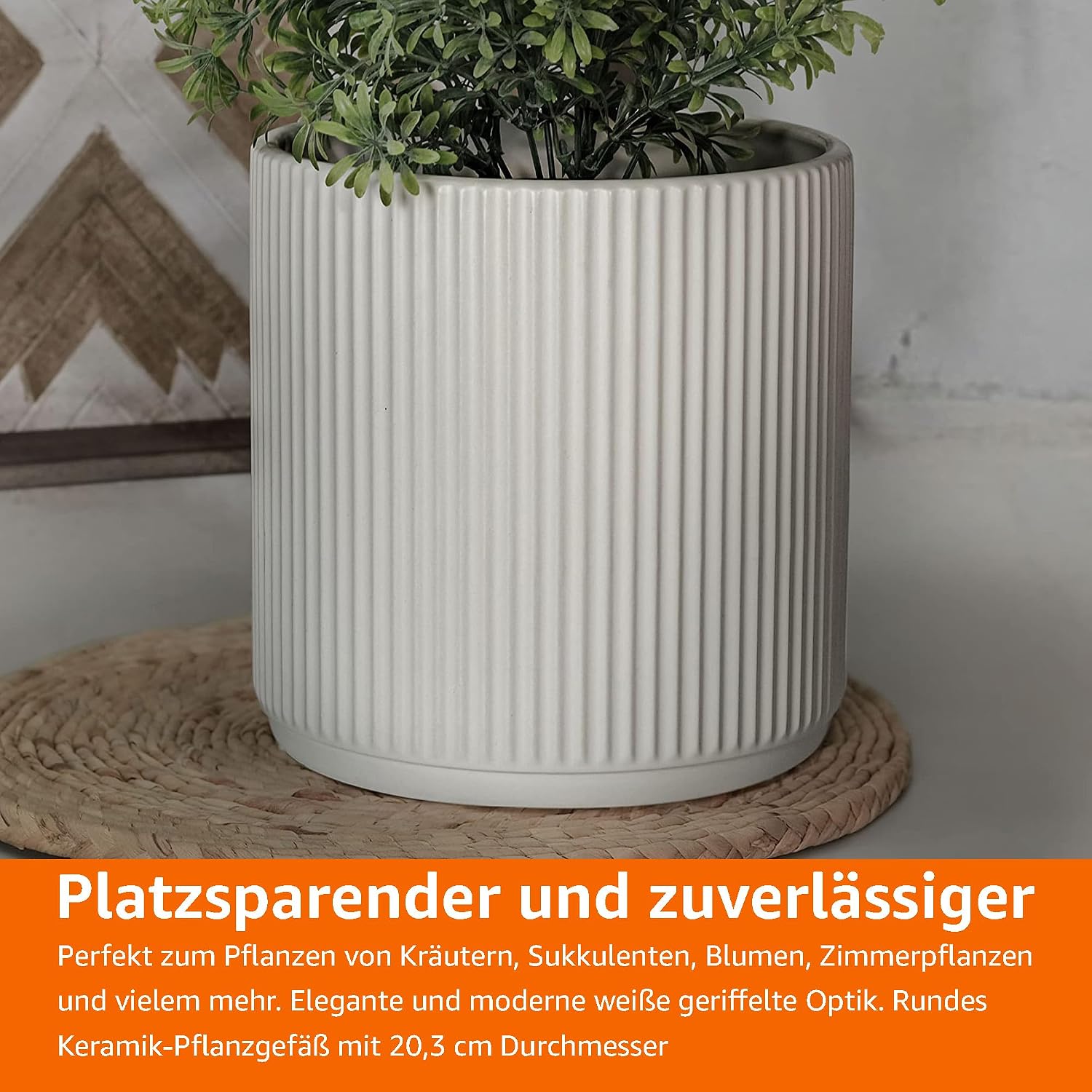 Detalle 2 de Amazon Basics Rundes keramik Pflanzgefäß, geriffelt, 20.3 cm, Weiß