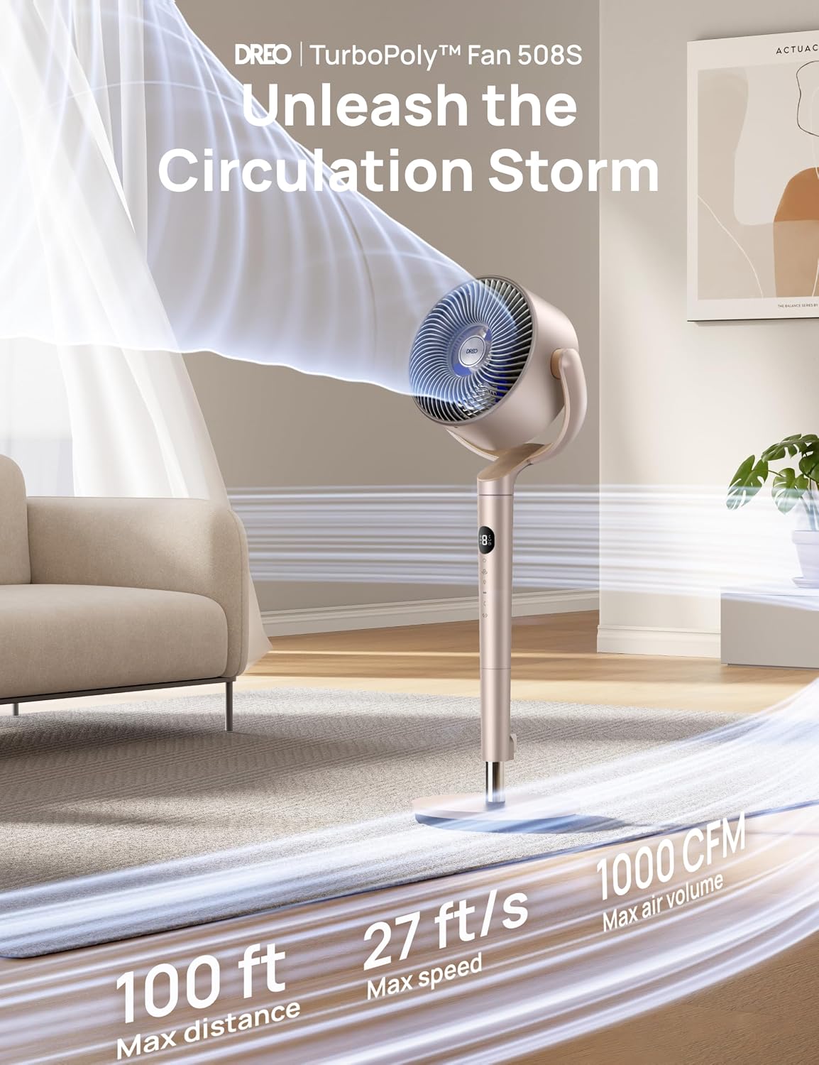 Detalle de DREO Smart Fans for Bedroom Starlight: 100 ft quiet pedestal fan with Wi‑Fi/voice, RGB light, 9 speeds & 120°/120° oscillation