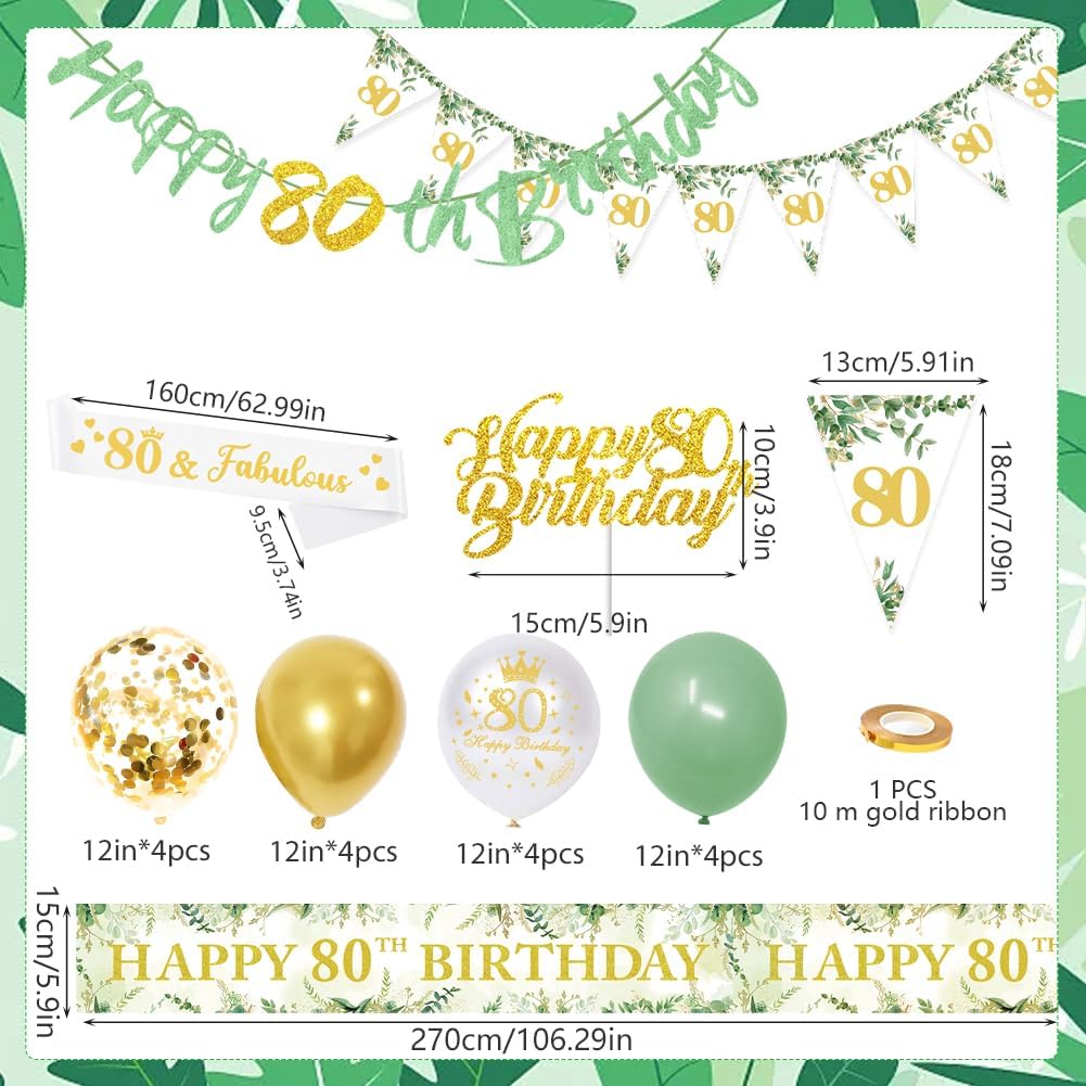 Thumbnail 1 de Sage Green 80th Birthday Party Decorations Set | Happy 80th Banner & Matching Accents