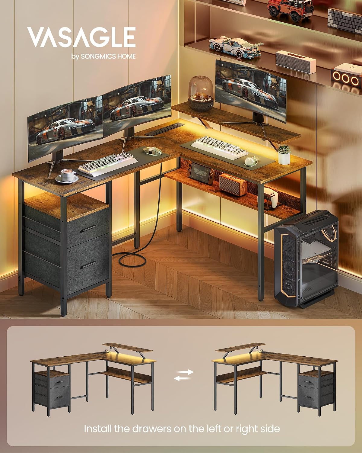 Thumbnail 2 de VASAGLE Rustic Brown L-Shaped Computer Desk with Monitor Shelf, LED Lights, 2 Drawers, 2 USB Ports