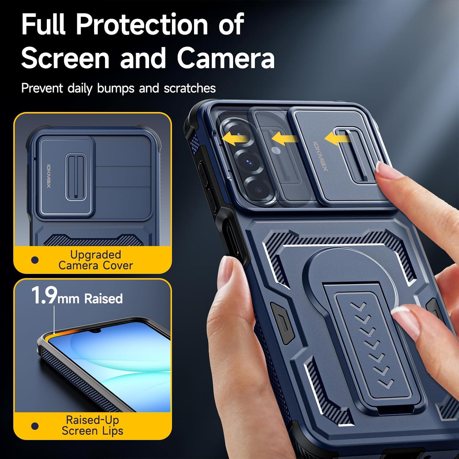 Detalle de Iokmax Case for Samsung Galaxy A17 / A16 / A26 (4G/5G) with 2 Screen Protectors, Slide Camera Cover, Kickstand and Lanyard – Blue