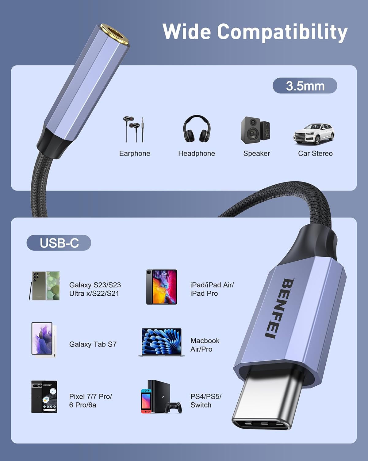 Thumbnail 6 de BENFEI Adaptateur USB C vers Prise Audio avec DAC — USB-C vers Casque 3,5 mm (iPhone 15 Pro Max/Pro, Galaxy S24/23/22/21 Ultra, iPad Pro, Pixel 8) Gris