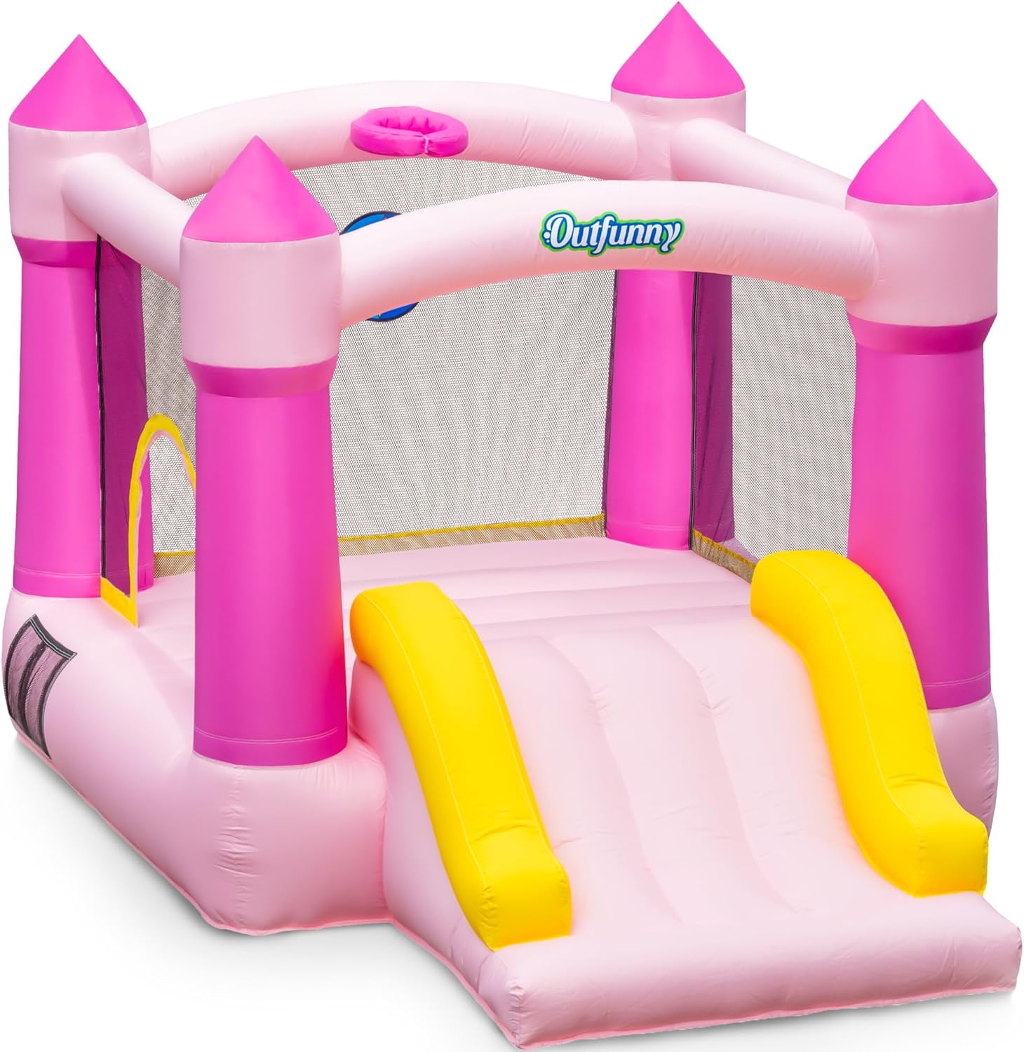 Outfunny Indoor Bounce House with Slide (Pink) – 6'x6' 5-in-1 Kids Playground