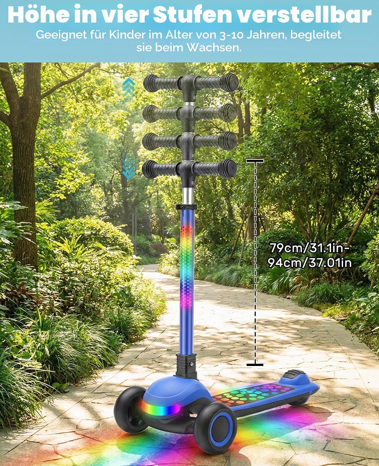 Detalle de UBRAVOO Roller Kinder 3–10 Jahre – klappbar, 4-Stufen-Lenkerhöhe, LED-Farbtouren, breites Deck, Hinterradbremse
