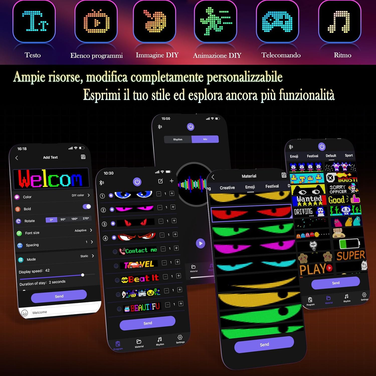 Detalle de LED Auto Occhi “Devil Eyes” – Display LED programmabile USB per parabrezza/lunotto