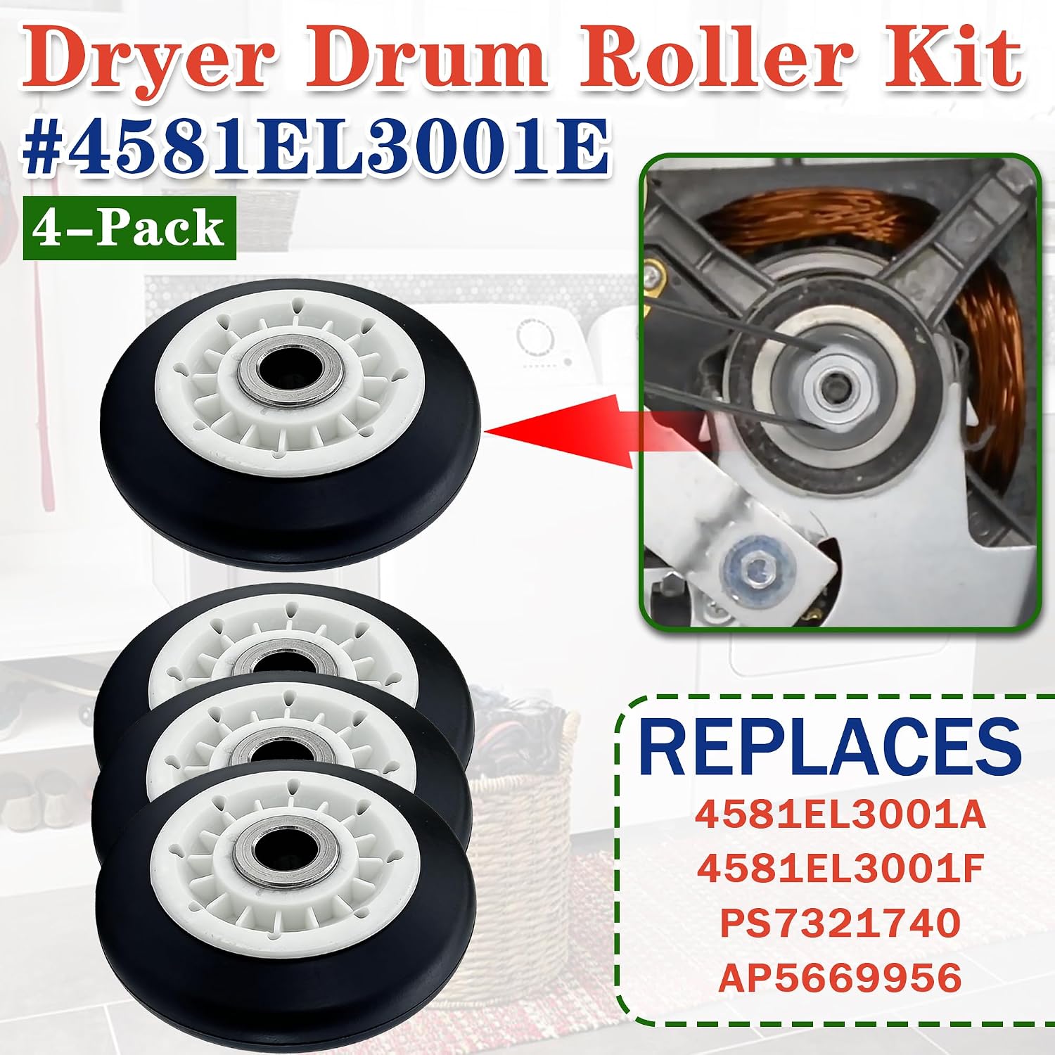 Thumbnail 1 de Bakaoof 4581EL3001E Dryer Drum Support Roller Kit, 4-Pack, 3.2-Inch