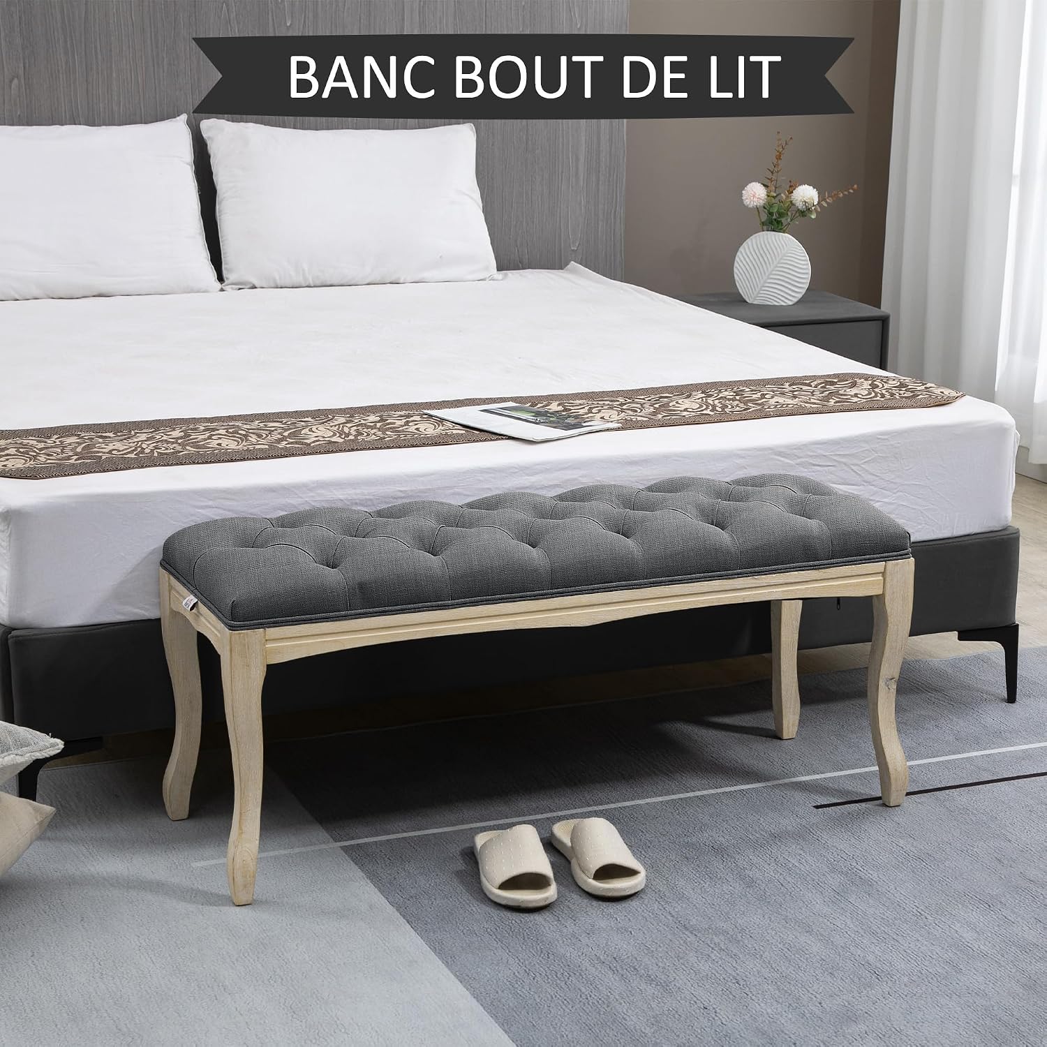 Thumbnail 6 de HOMCOM banquette capitonnée en lin style classique chic, 110 cm, piètement en bois d’hévéa sculpté
