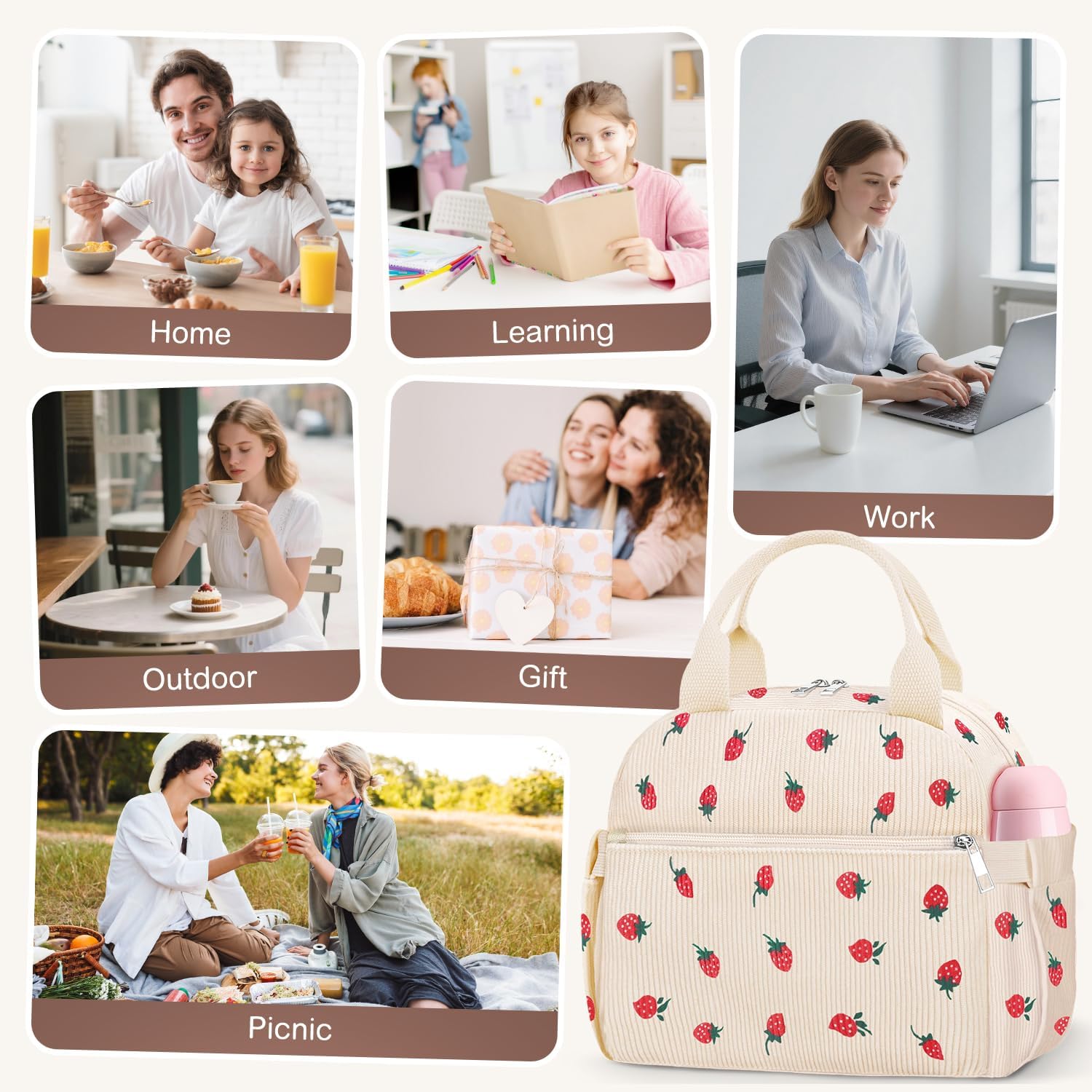 Thumbnail 5 de KUBYA Lunch Box for Women: Cute Strawberry Corduroy Insulated Tote