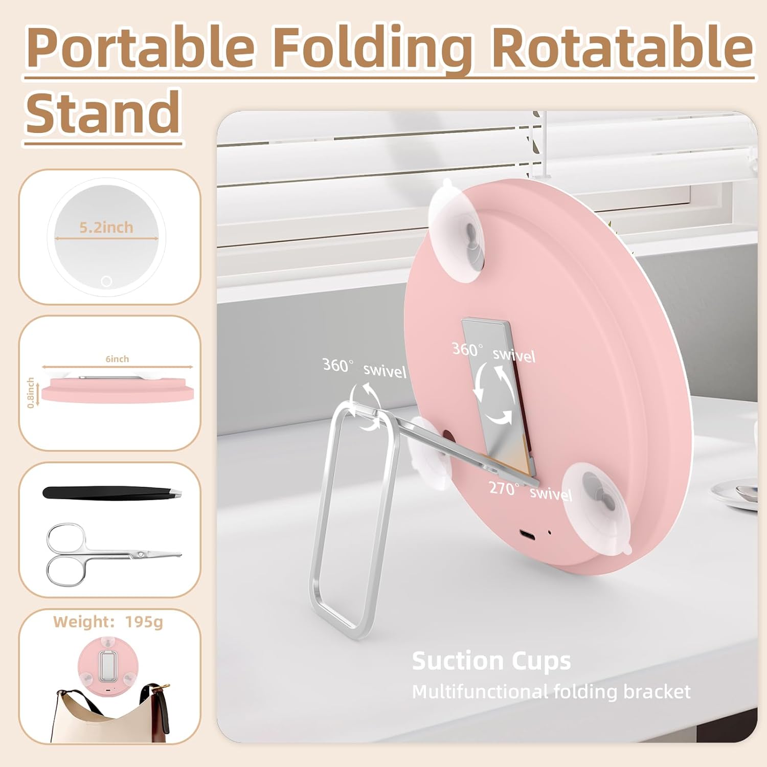 Detalle 2 de Miroir grossissant x20 lumineux grand miroir 15,2 cm avec 3 ventouses, support 360° et éclairage rechargeable (pince à épiler, ciseaux)