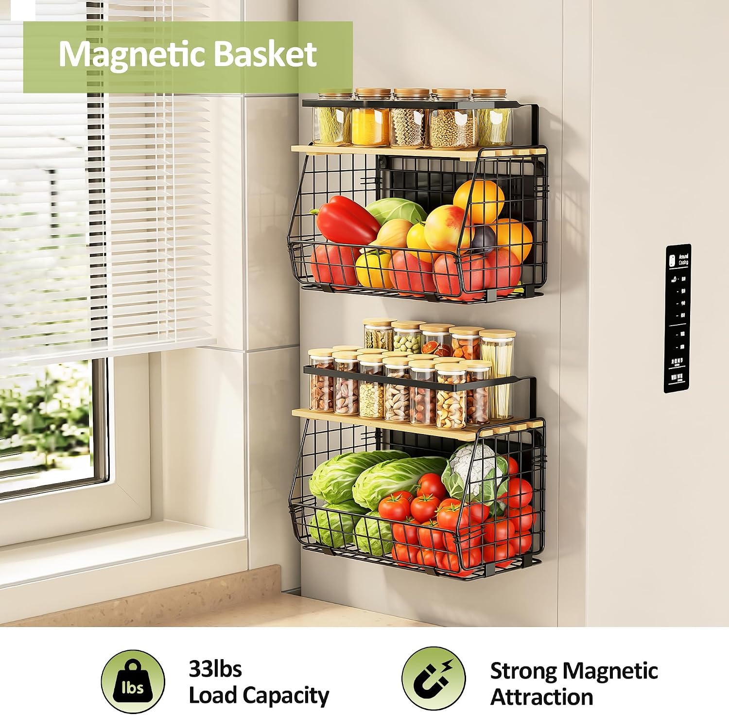Thumbnail 1 de GGIU Magnetic Shelf for Fridge with Wood Lid (2-Pack) – Fruit, Potato & Onion Storage Bin