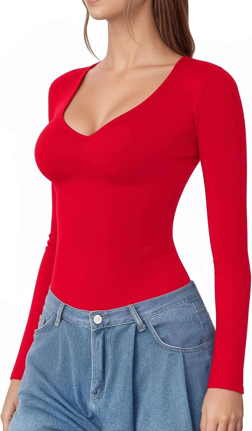 Detalle de ALGALAROUND Women's Long Sleeve V-Neck T-Shirt – Slim Fit Top for Everyday and Going Out