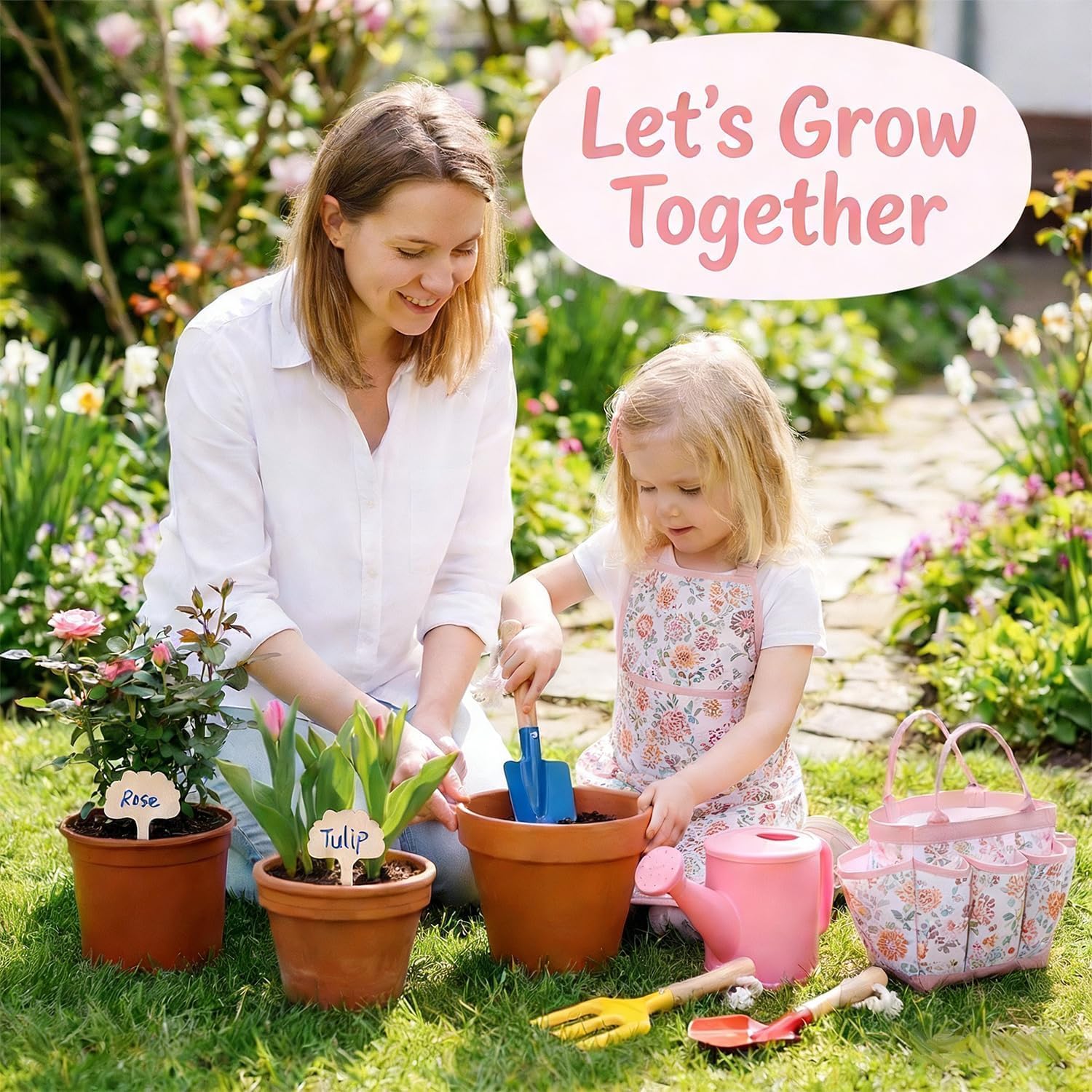 Detalle de Kids Gardening Tools Set Toddler Gardening Kit with Apron & Tote Bag, Shovel, Fork, Trowel and Gloves
