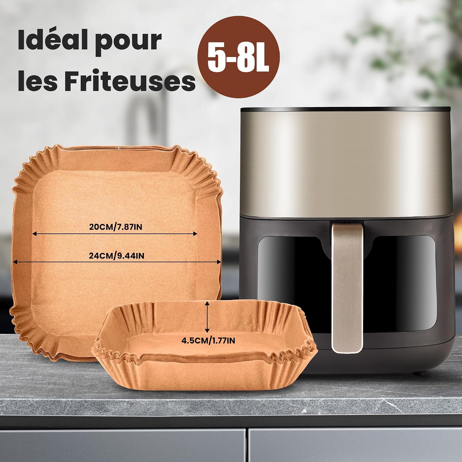 Detalle de KitchenBoss Papier Cuisson Air Fryer - 120 feuilles carrées 20-24 cm, Bord antiadhésif et sans danger alimentaire